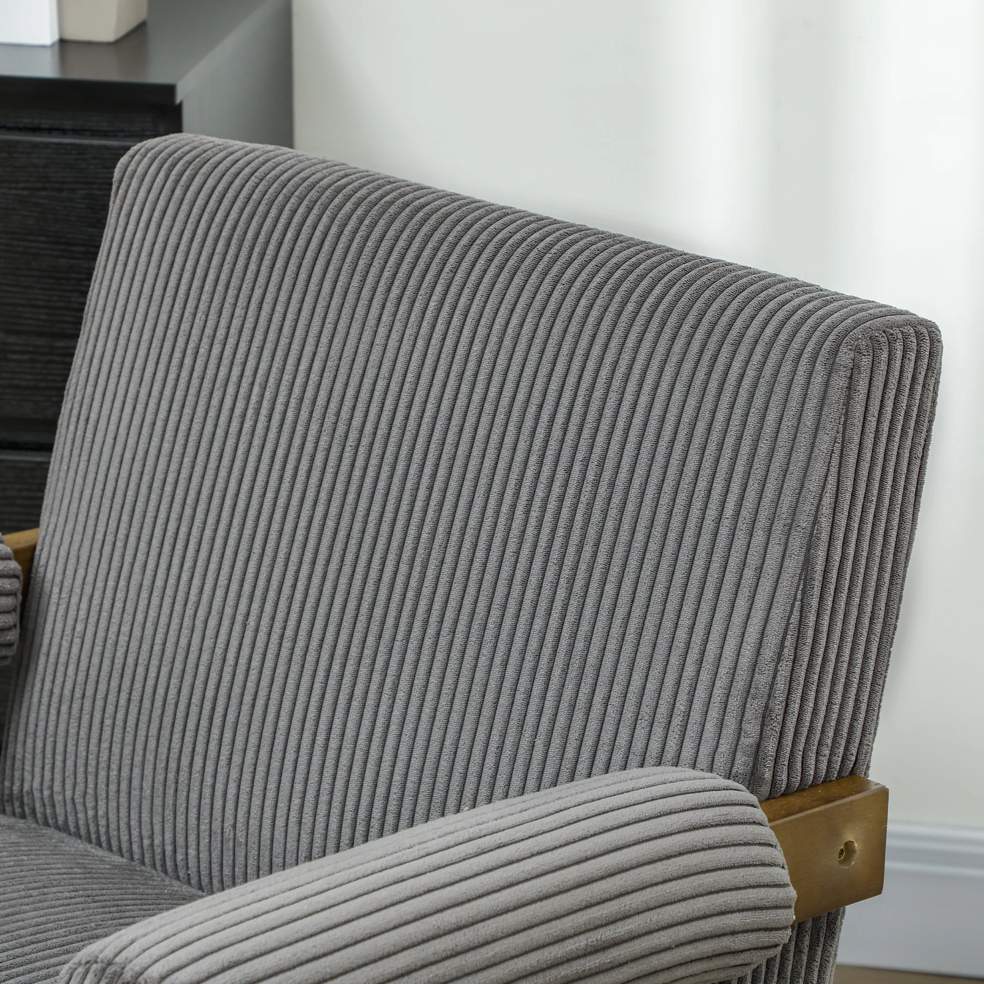 Wide Seat Corduroy Accent Chair with Padded Armrests & Solid Wood Legs Dark Grey - Image 10