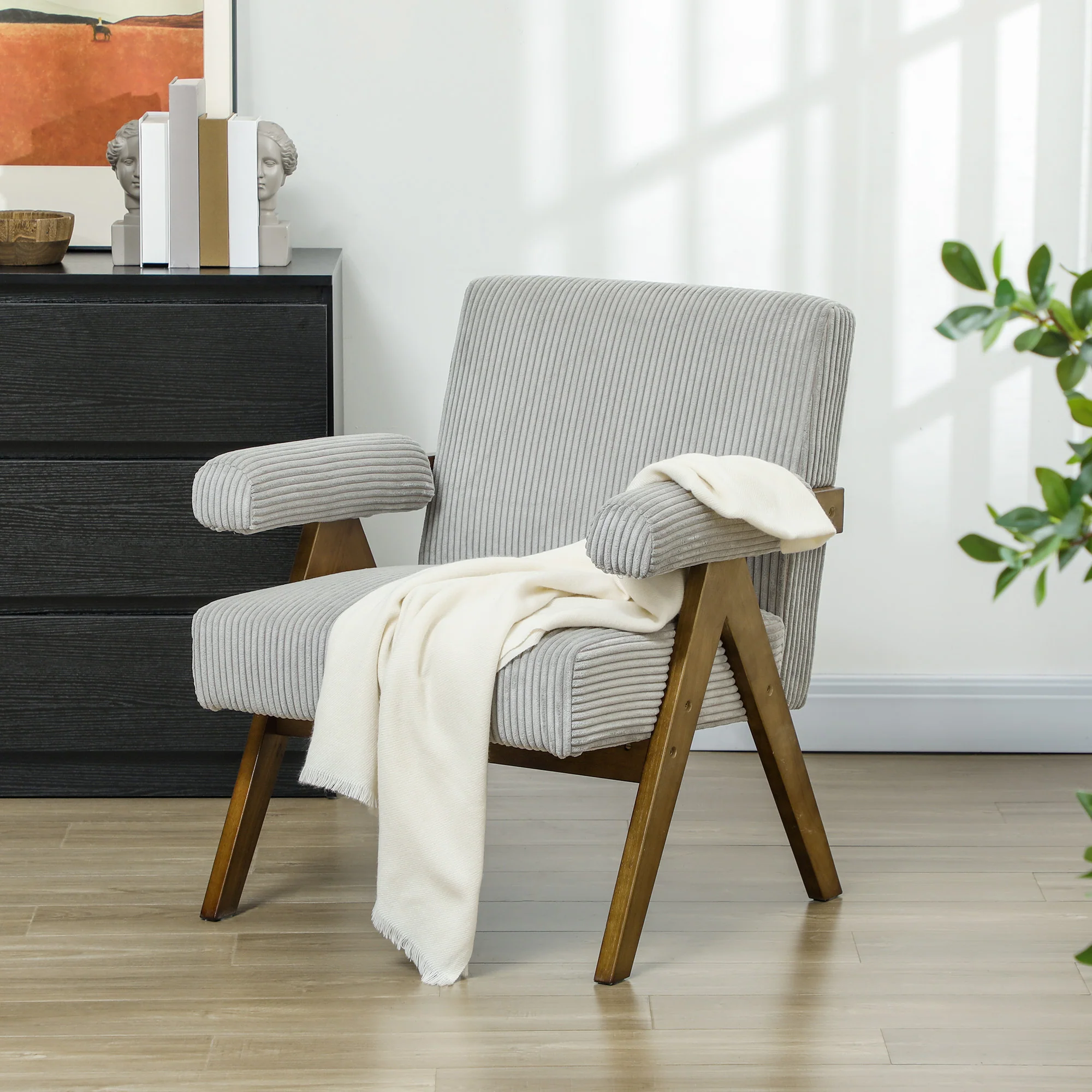 Wide Seat Corduroy Accent Chair with Padded Armrests & Solid Wood Legs Light Grey - Image 3