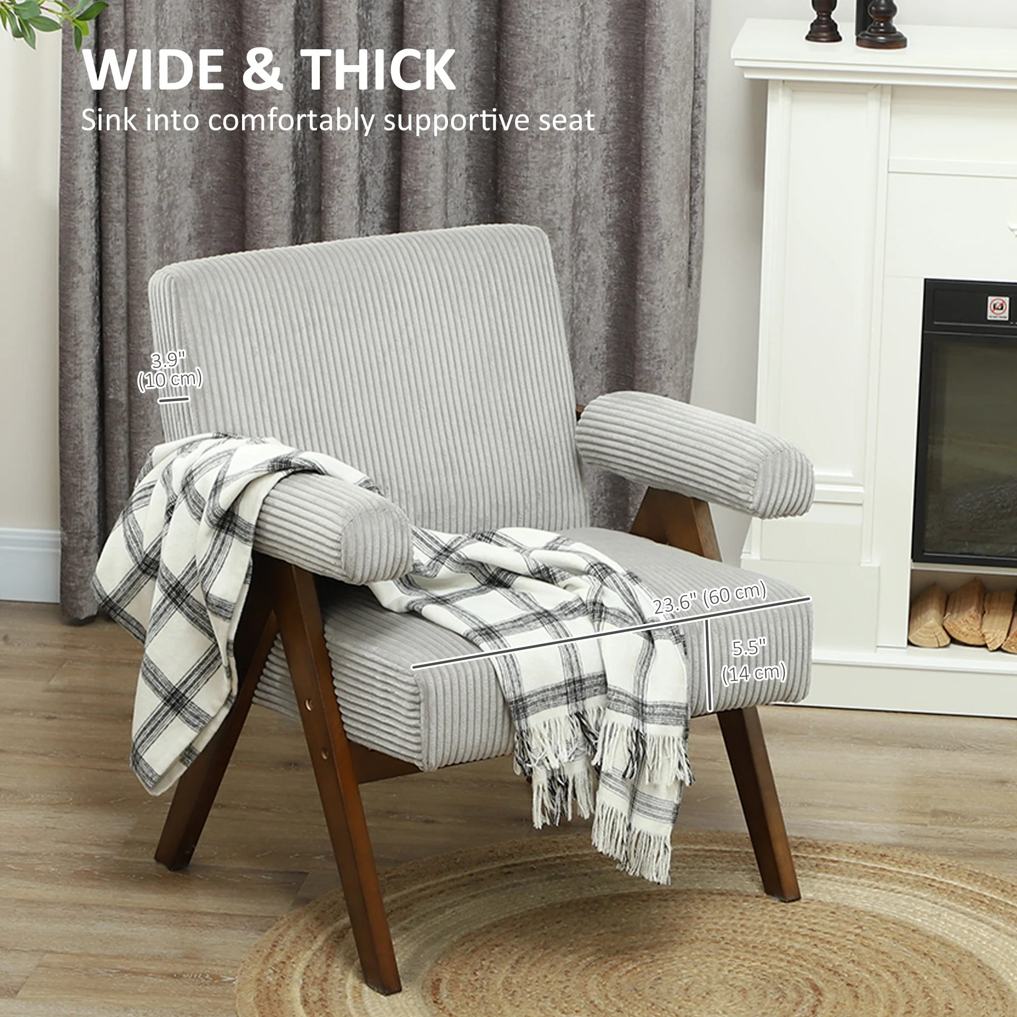 Wide Seat Corduroy Accent Chair with Padded Armrests & Solid Wood Legs Light Grey - Image 6