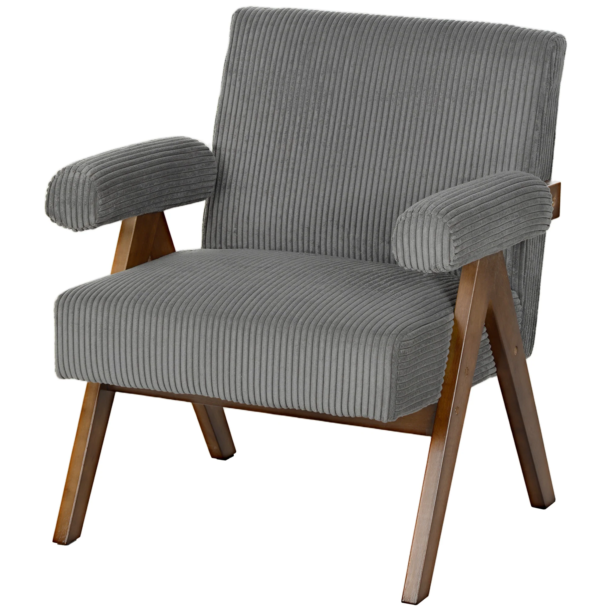 Wide Seat Corduroy Accent Chair with Padded Armrests & Solid Wood Legs Dark Grey - Image 2