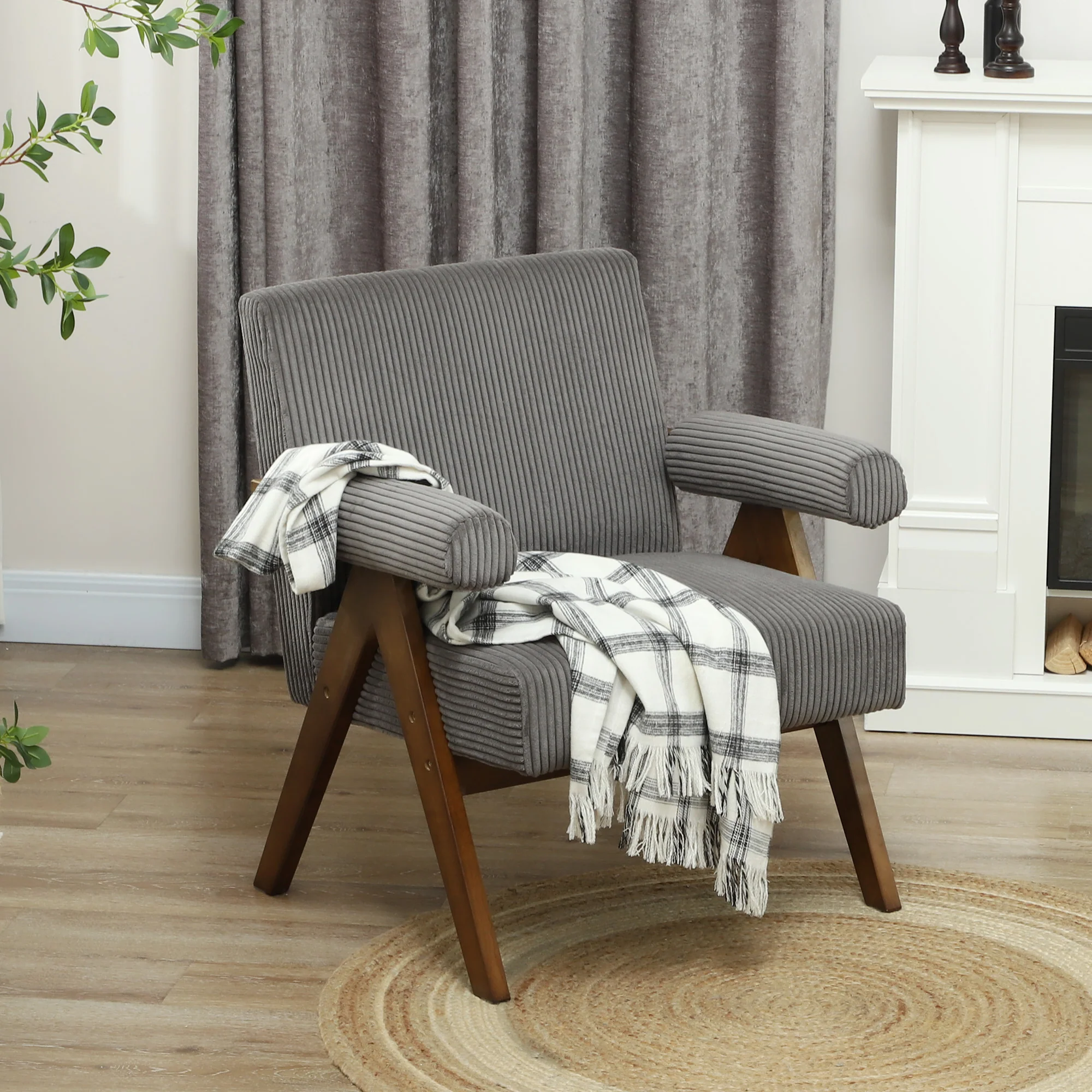 Wide Seat Corduroy Accent Chair with Padded Armrests & Solid Wood Legs Dark Grey - Image 3