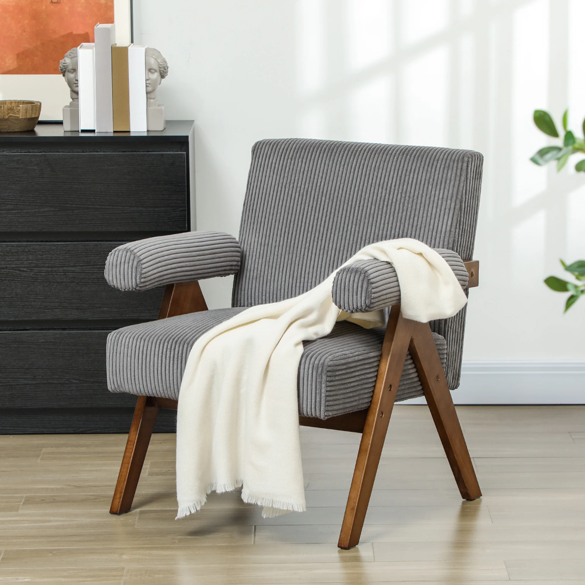 Wide Seat Corduroy Accent Chair with Padded Armrests & Solid Wood Legs Dark Grey - Image 4