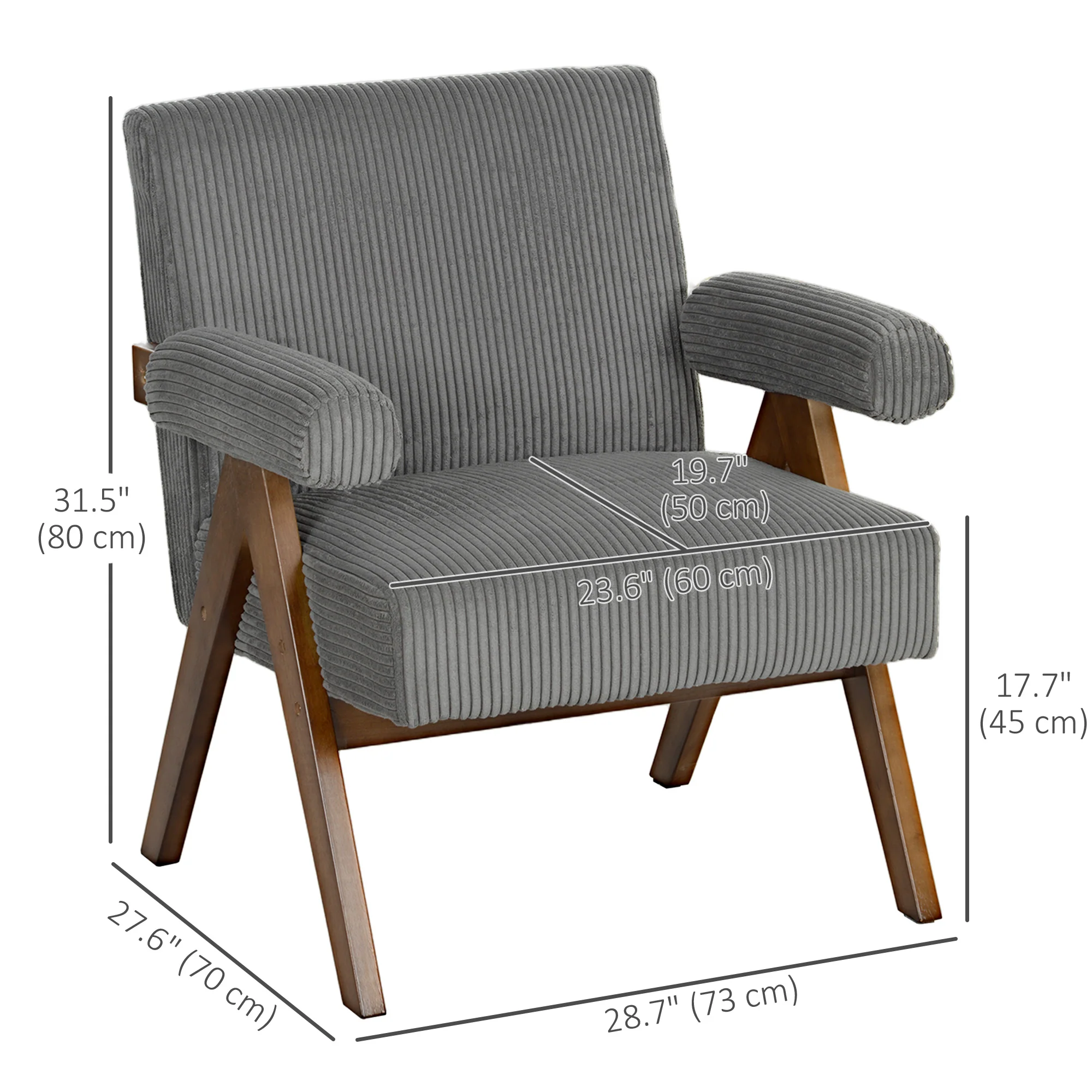 Wide Seat Corduroy Accent Chair with Padded Armrests & Solid Wood Legs Dark Grey - Image 5