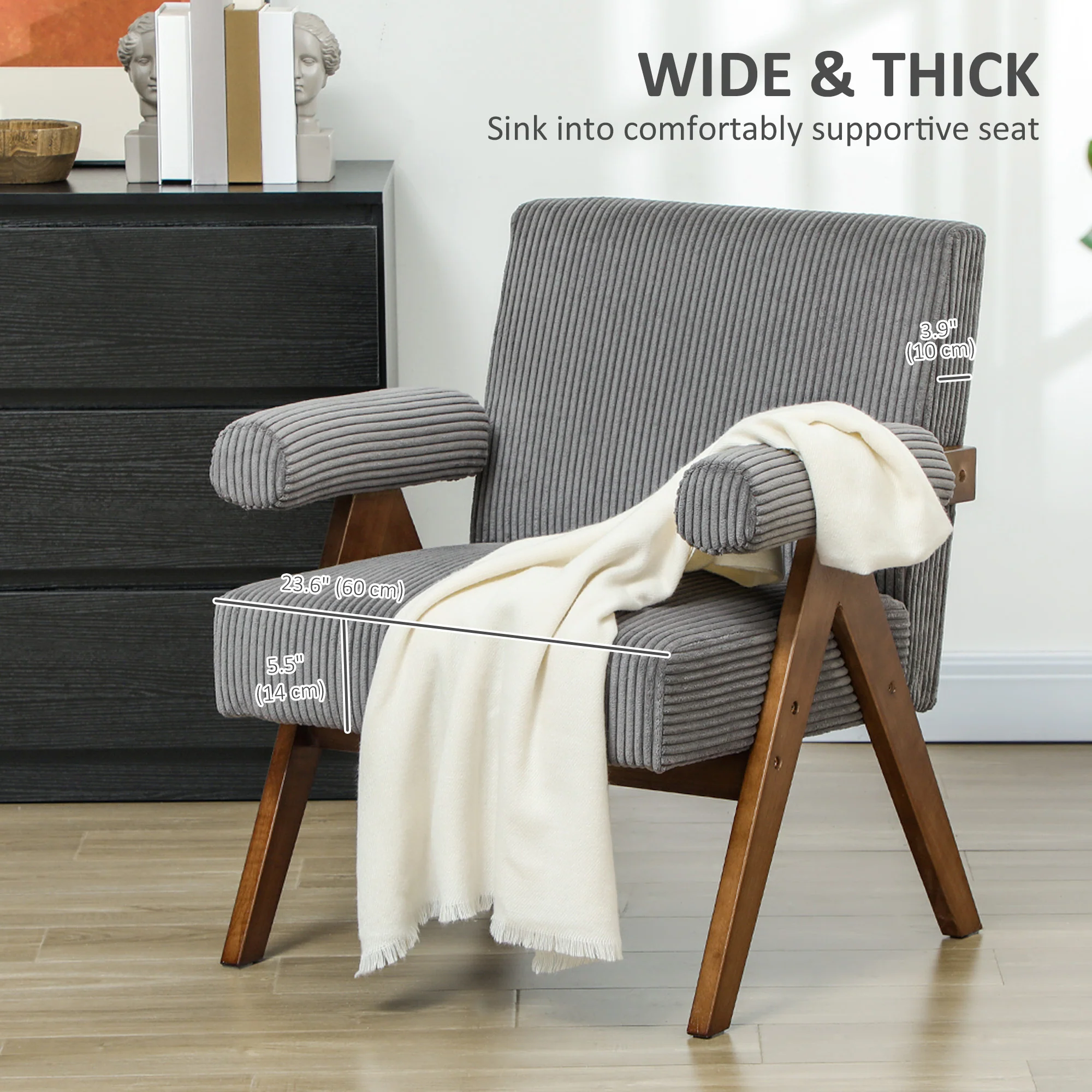 Wide Seat Corduroy Accent Chair with Padded Armrests & Solid Wood Legs Dark Grey - Image 6
