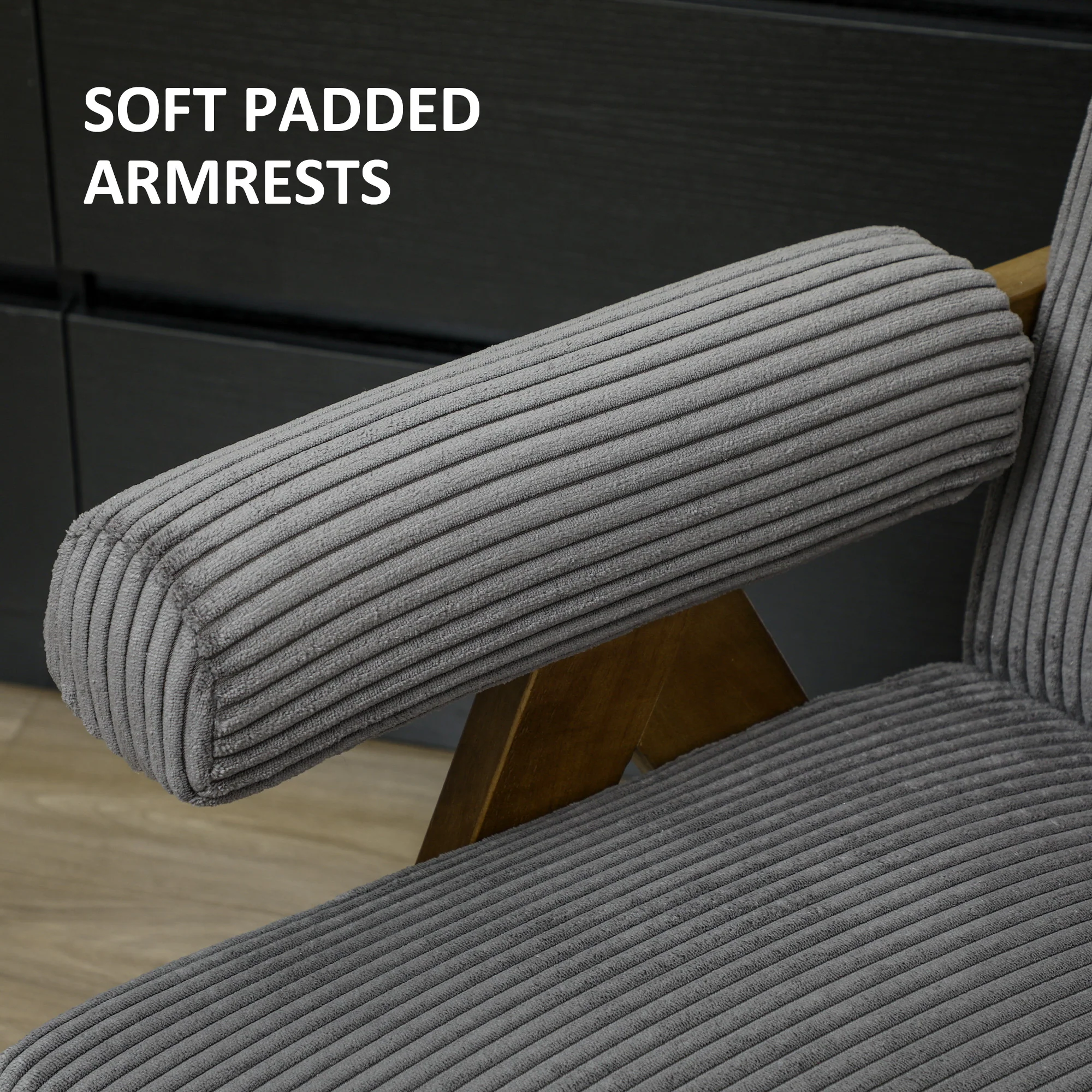 Wide Seat Corduroy Accent Chair with Padded Armrests & Solid Wood Legs Dark Grey - Image 7