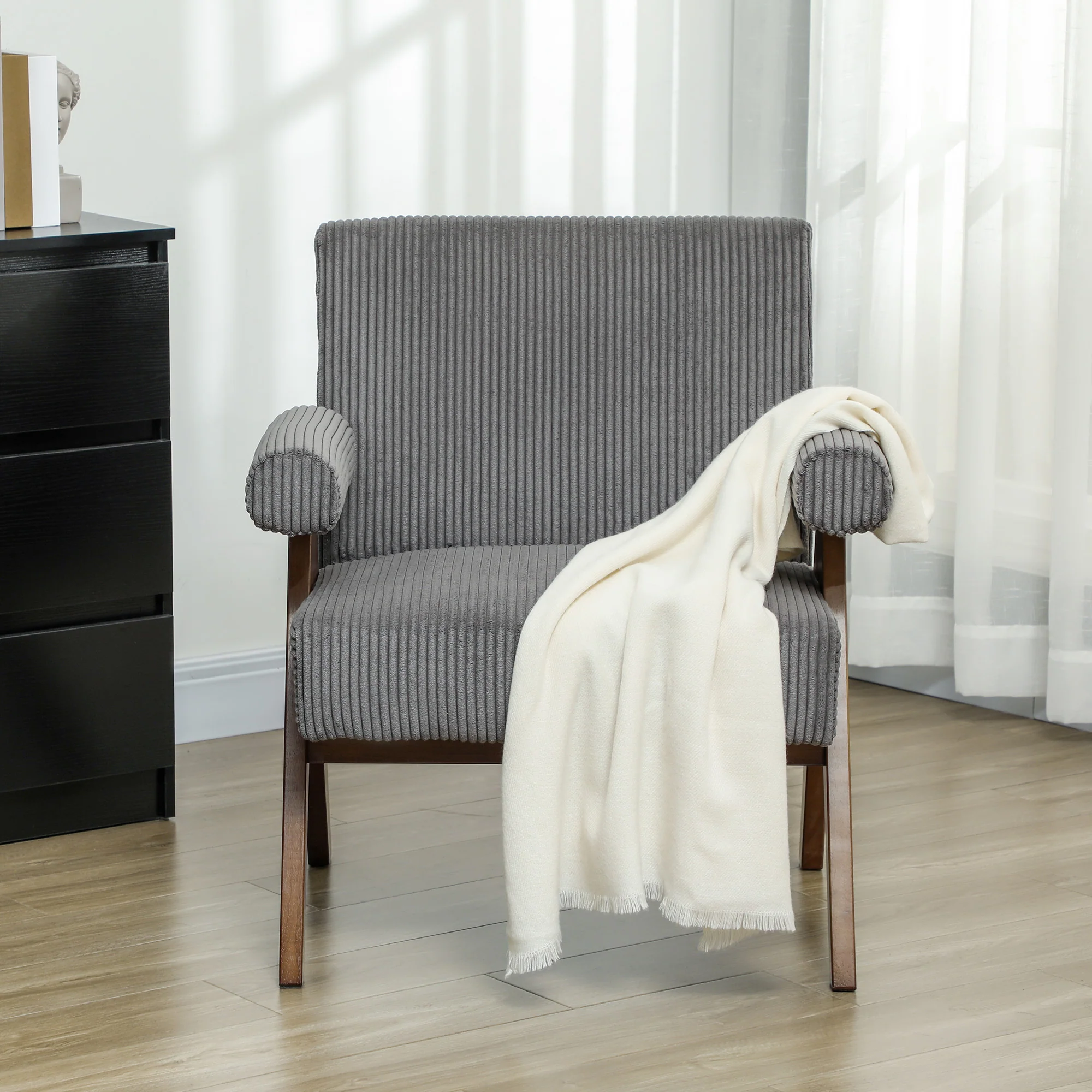 Wide Seat Corduroy Accent Chair with Padded Armrests & Solid Wood Legs Dark Grey - Image 9