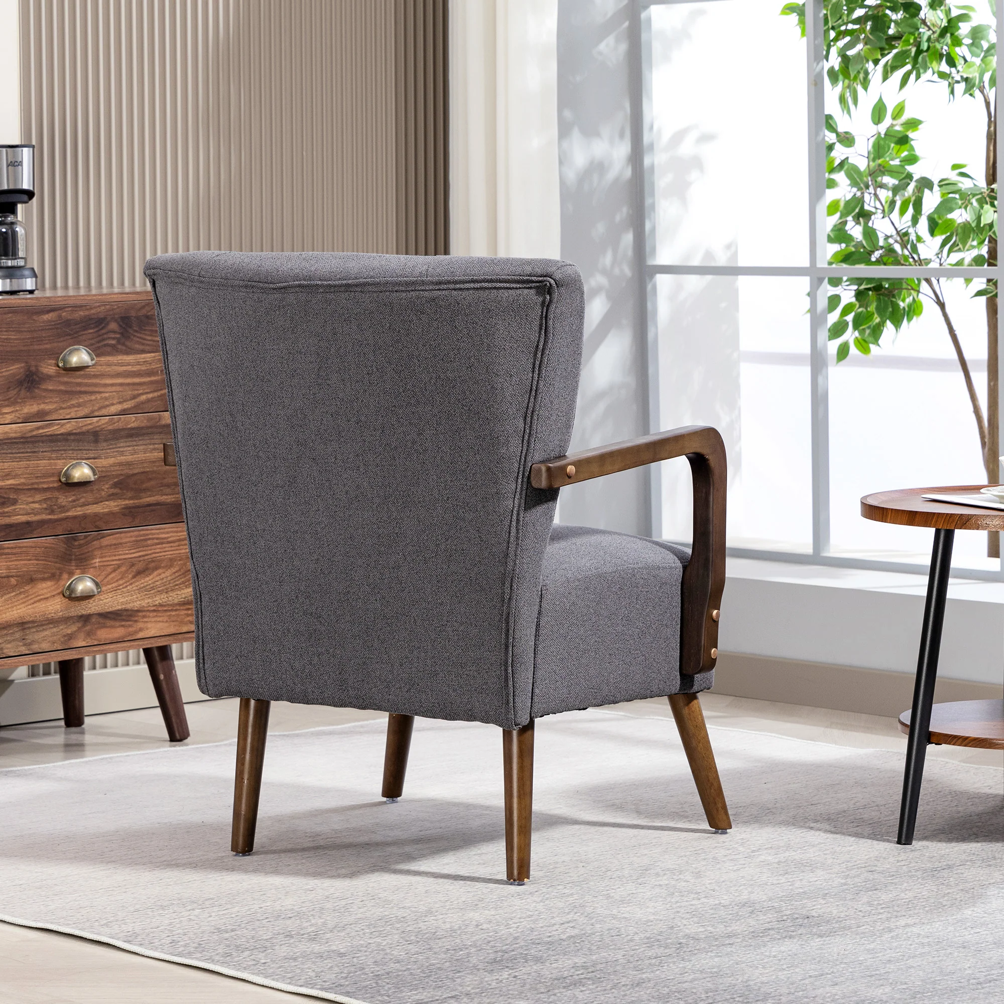 Accent Chair with Wooden Legs, Upholstered Linen Fabric Armchair with Wide Back & Thick Padding, Dark Grey - Image 10