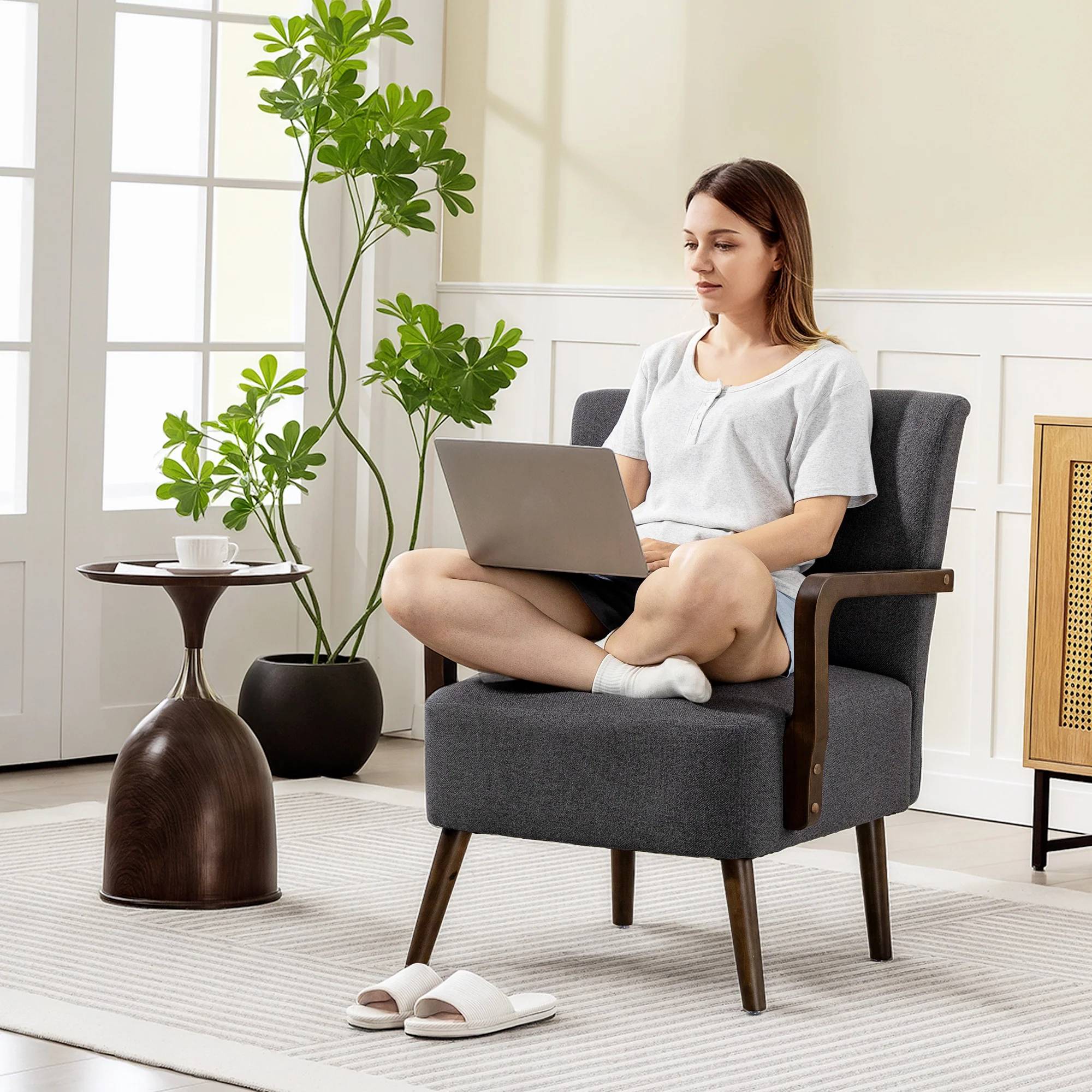 Accent Chair with Wooden Legs, Upholstered Linen Fabric Armchair with Wide Back & Thick Padding, Dark Grey - Image 9
