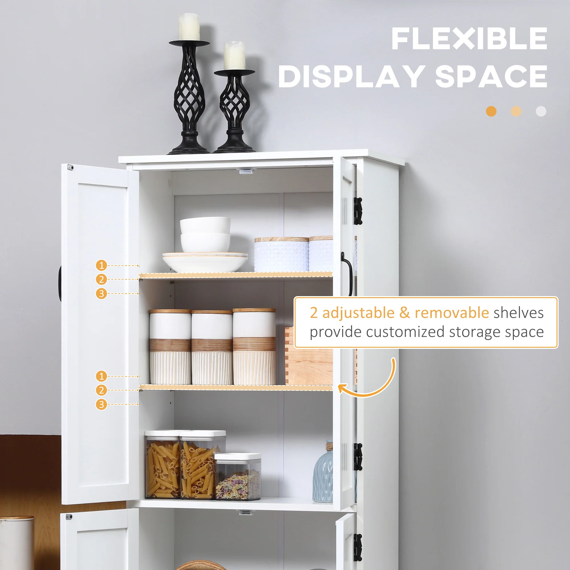 48.5" Floor Storage Cabinet, Kitchen Pantry w/ Adjustable Shelves & 2 Lower Doors, White - Image 8