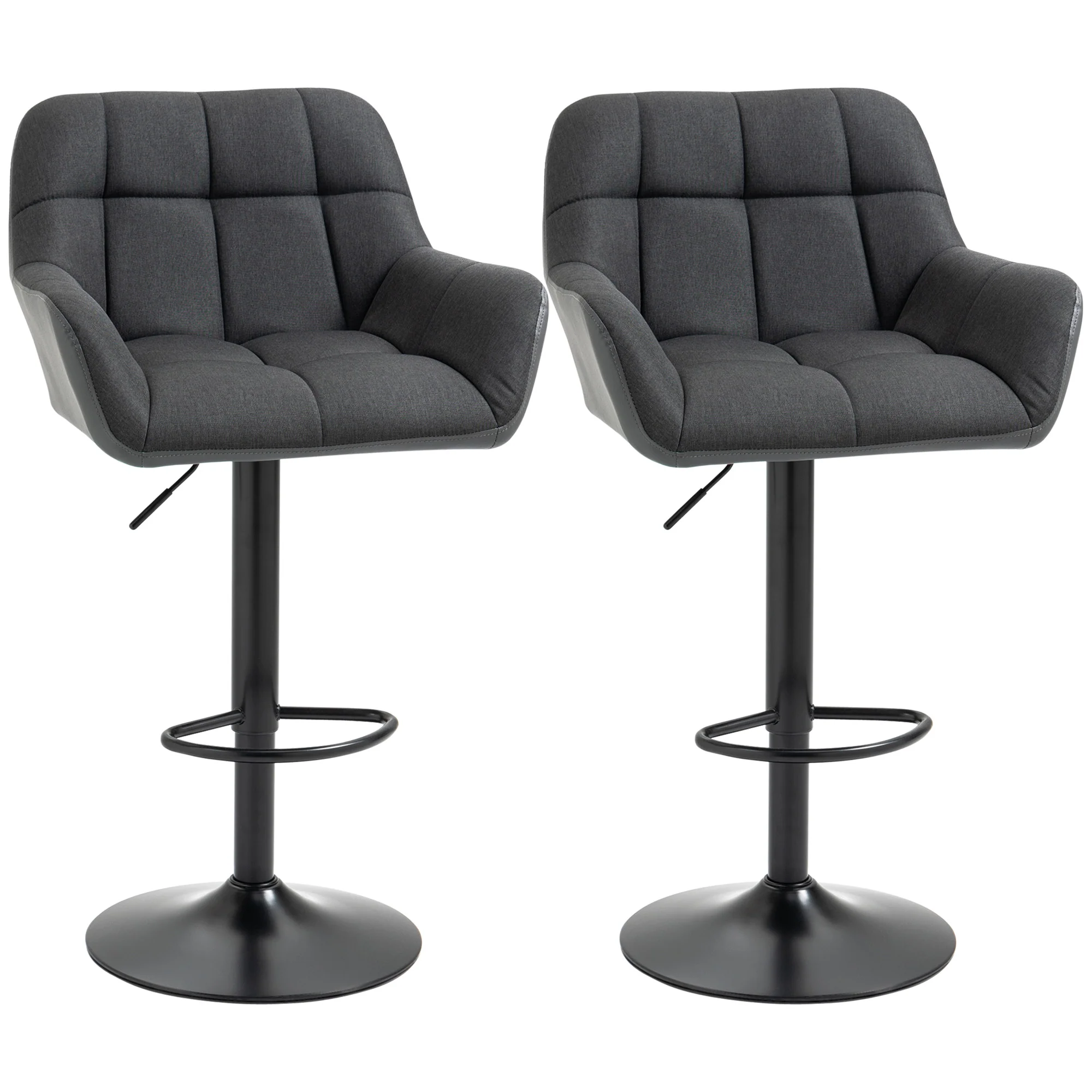 Set of 2 Adjustable Linen Bar Stools with Armrests, Black