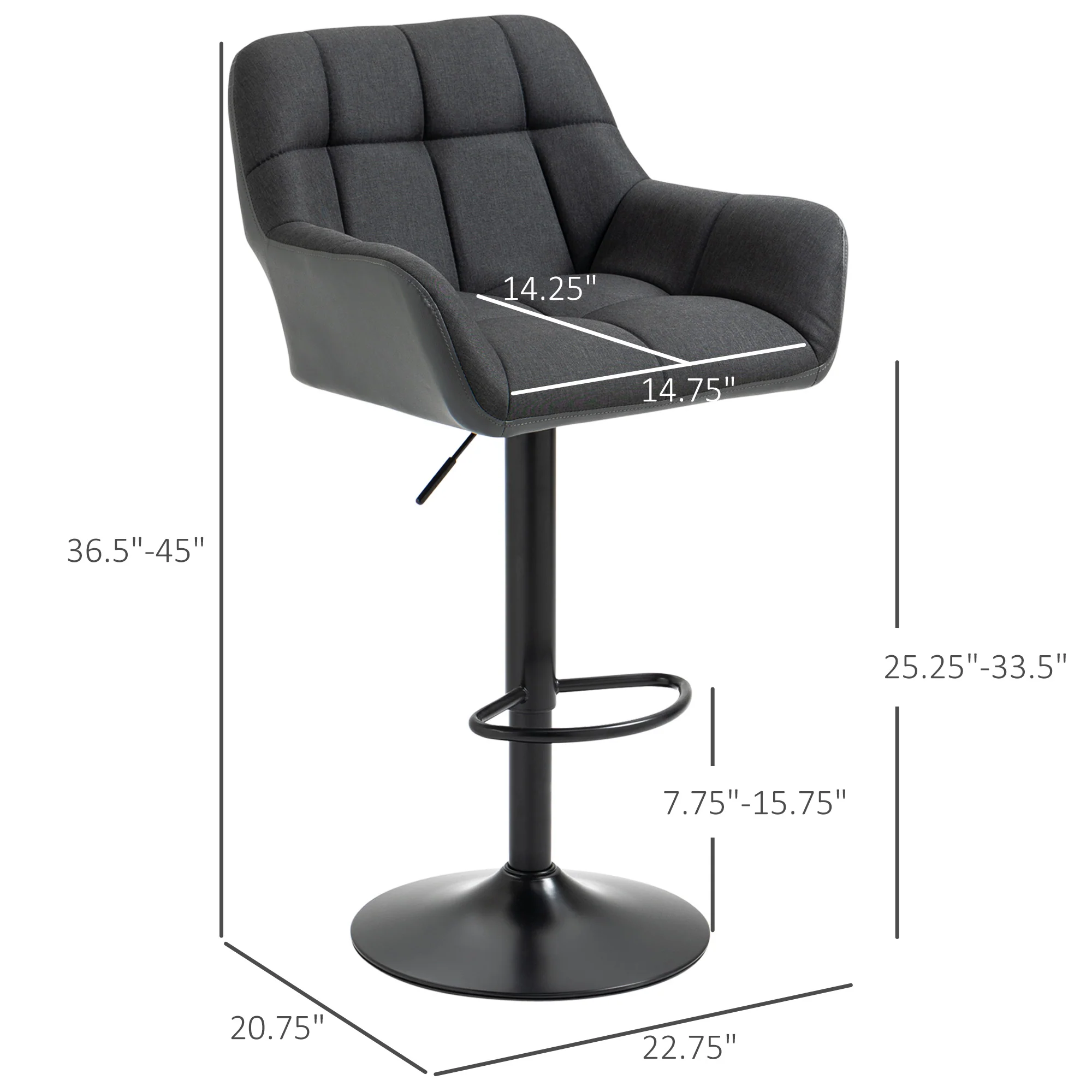 Set of 2 Adjustable Linen Bar Stools with Armrests, Black - Image 5