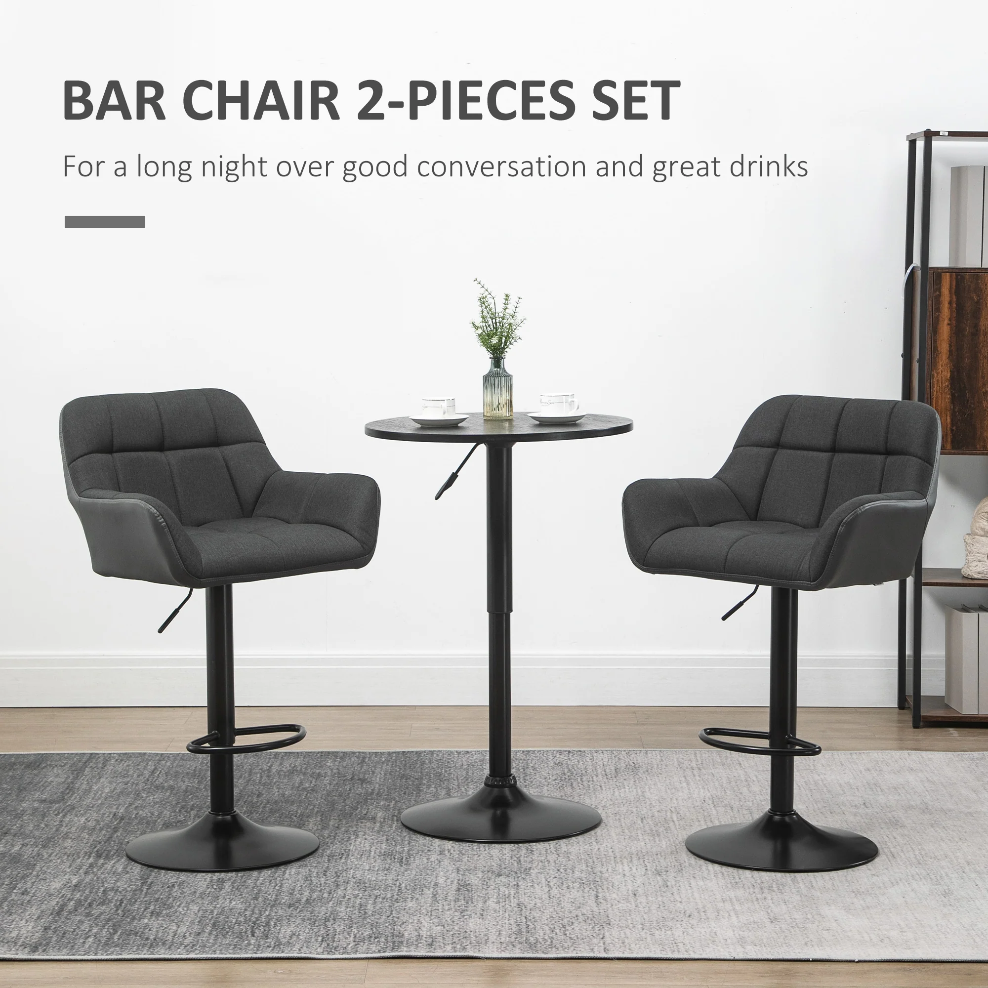 Set of 2 Adjustable Linen Bar Stools with Armrests, Black - Image 6