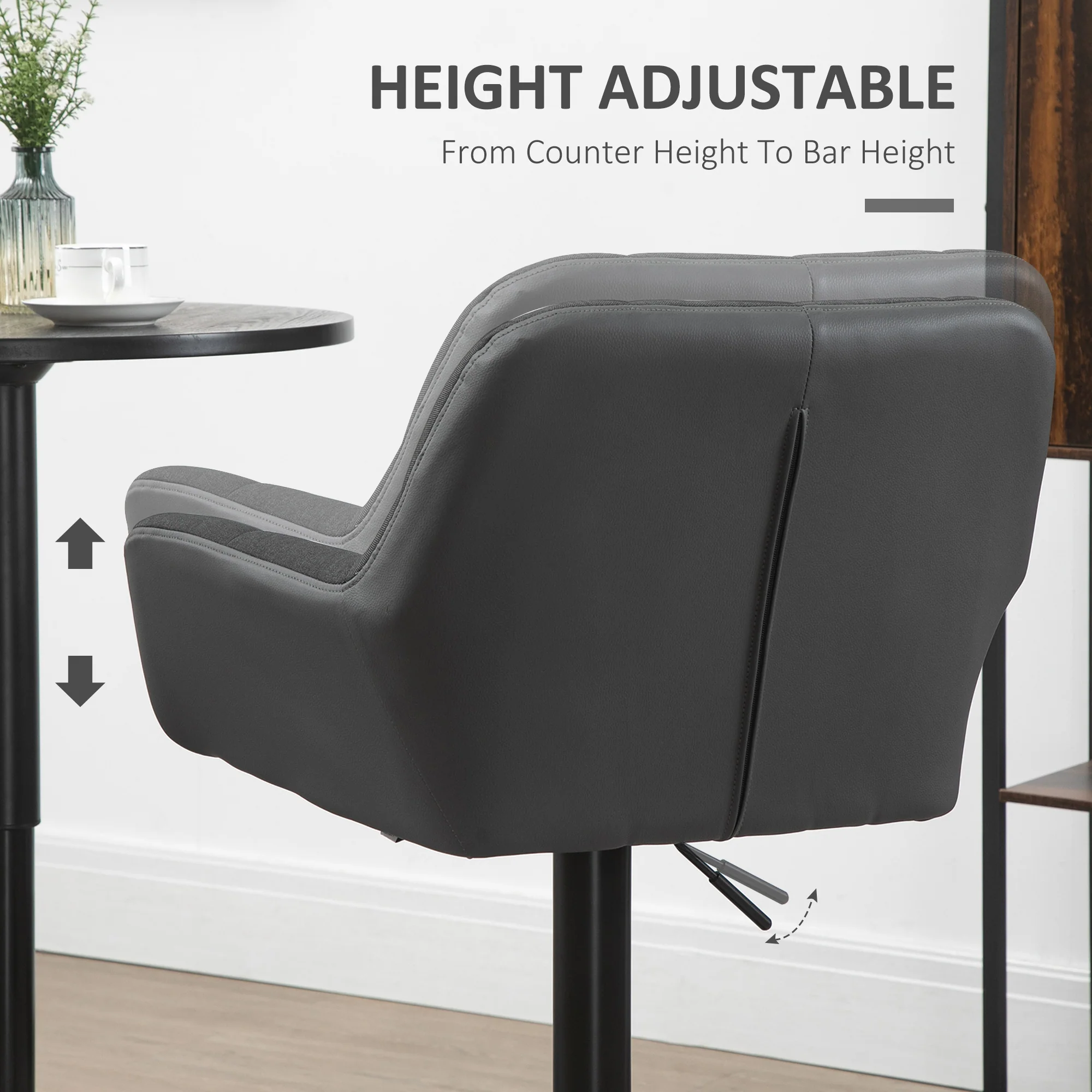 Set of 2 Adjustable Linen Bar Stools with Armrests, Black - Image 7