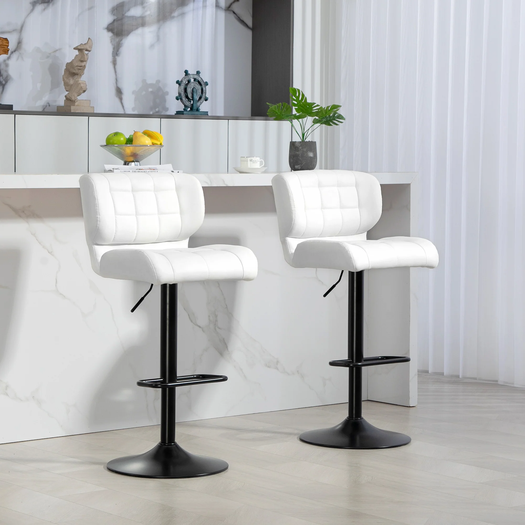Set of 2 Adjustable PU Leather Bar Stools with Footrest & Back, White - Image 4