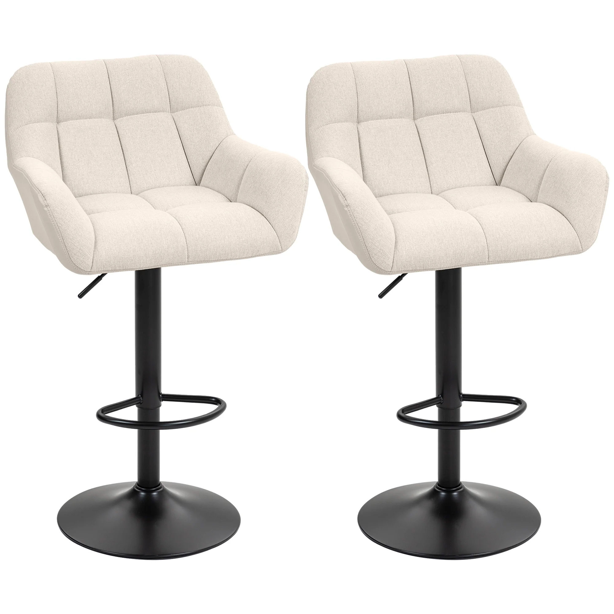 Set of 2 Adjustable Linen Bar Stools with Armrests, Cream White