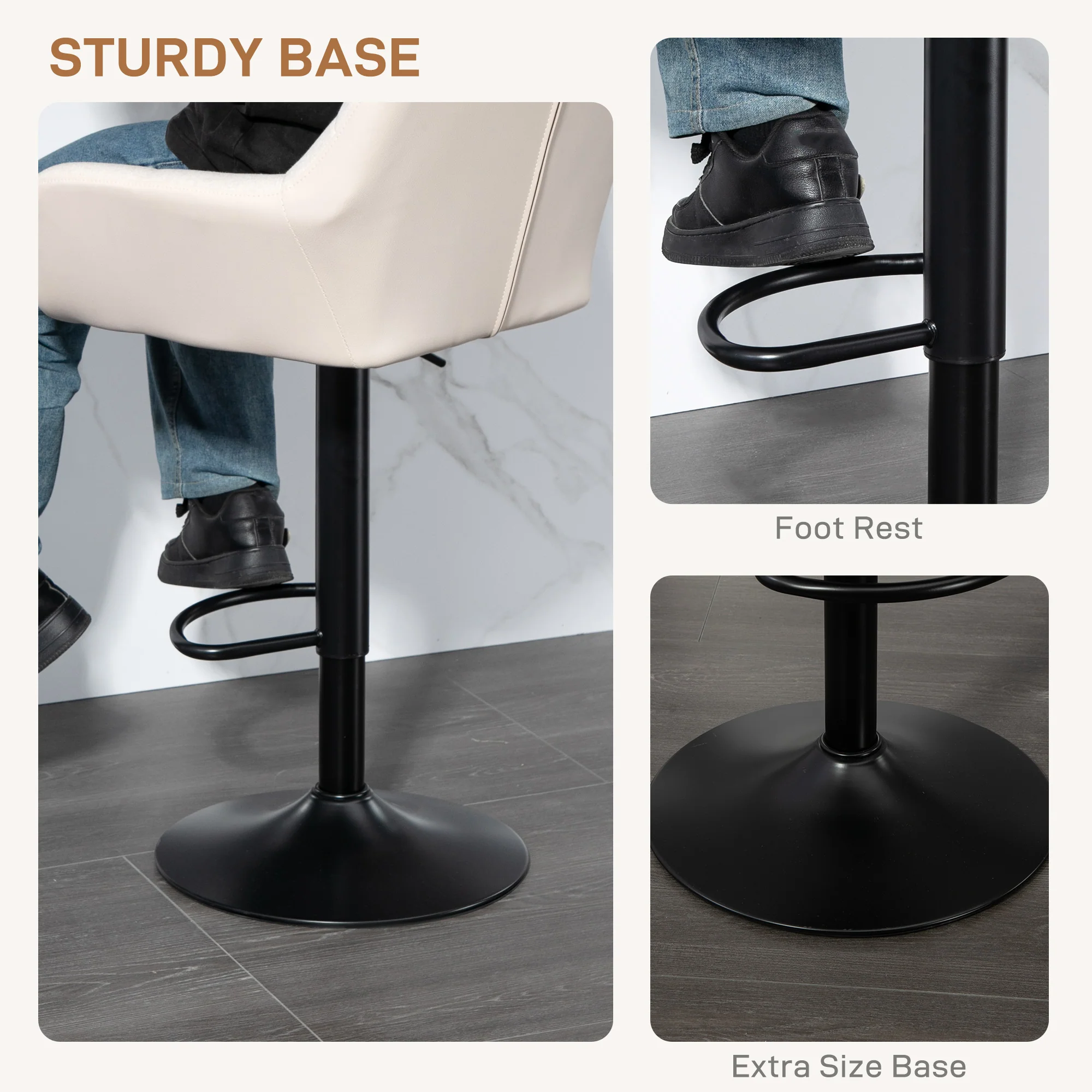 Set of 2 Adjustable Linen Bar Stools with Armrests, Cream White - Image 9