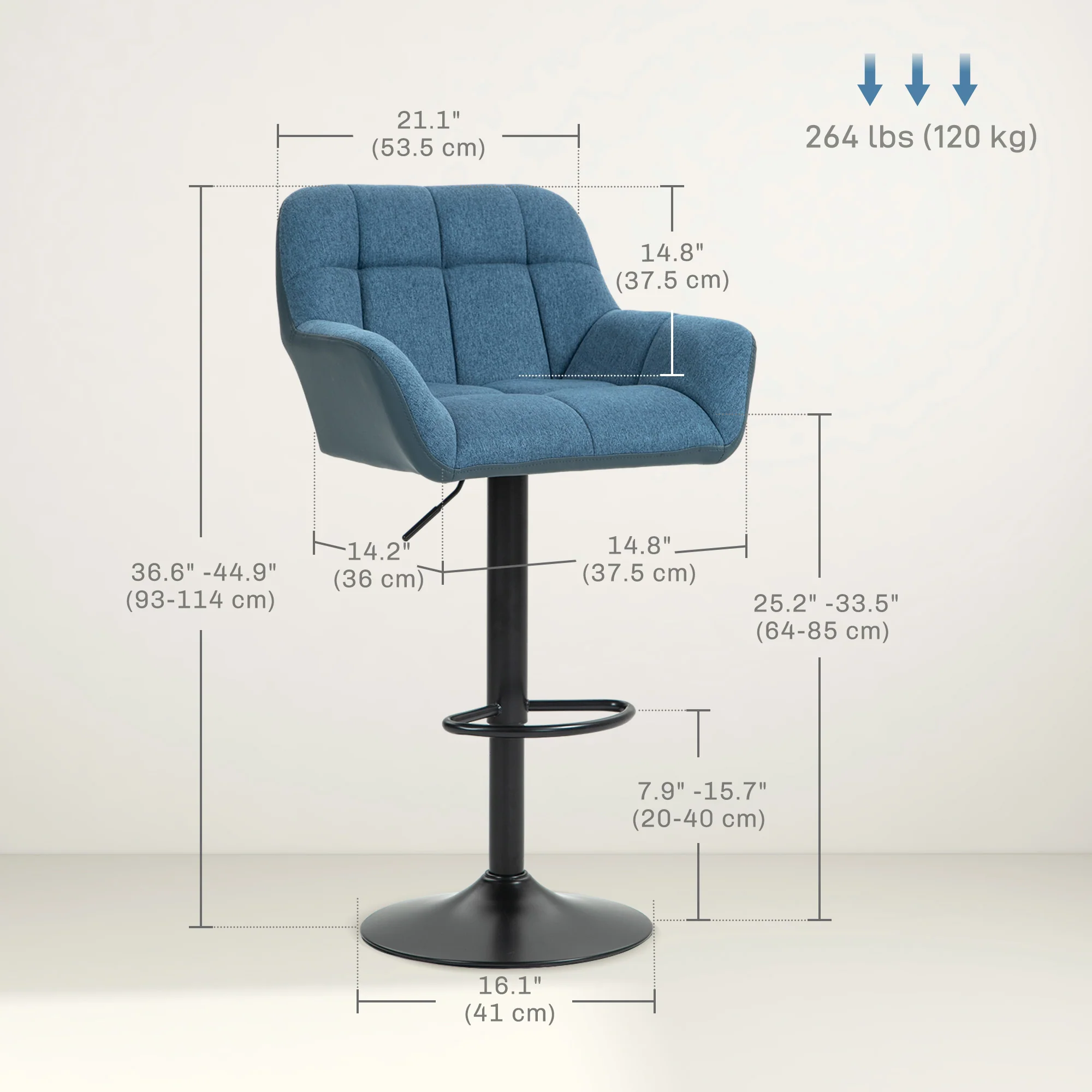Set of 2 Adjustable Linen Bar Stools with Armrests, Dark Blue - Image 5