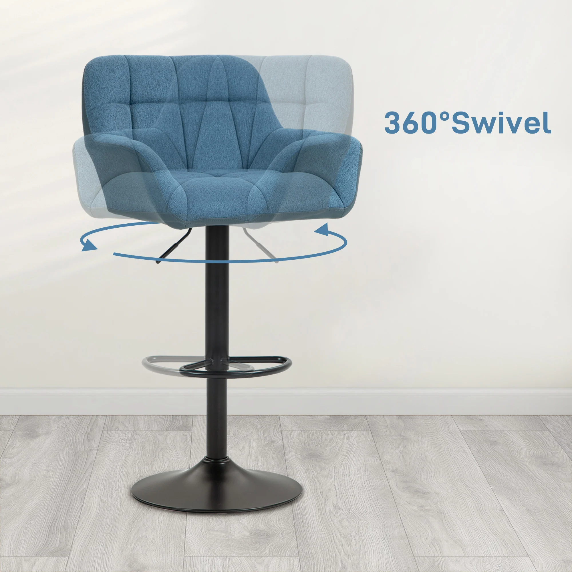 Set of 2 Adjustable Linen Bar Stools with Armrests, Dark Blue - Image 7