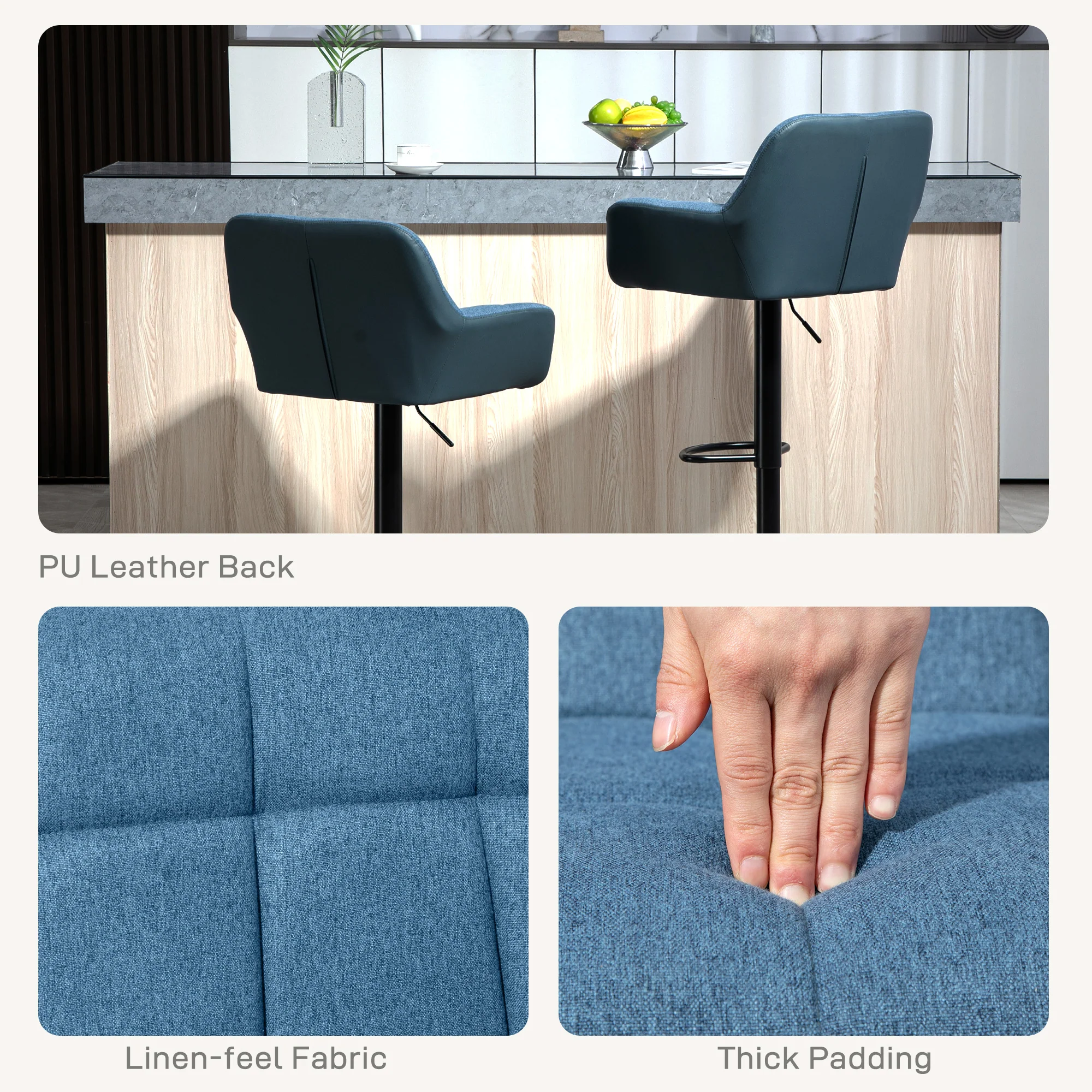 Set of 2 Adjustable Linen Bar Stools with Armrests, Dark Blue - Image 8