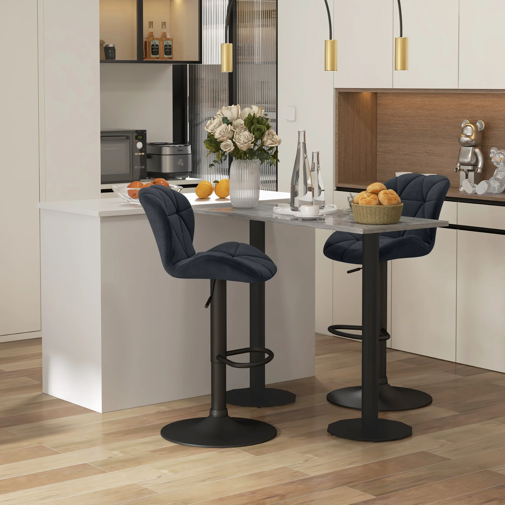 Set of 2 Adjustable Tufted Velvet Bar Stools with Wide Seat, Black - Image 4