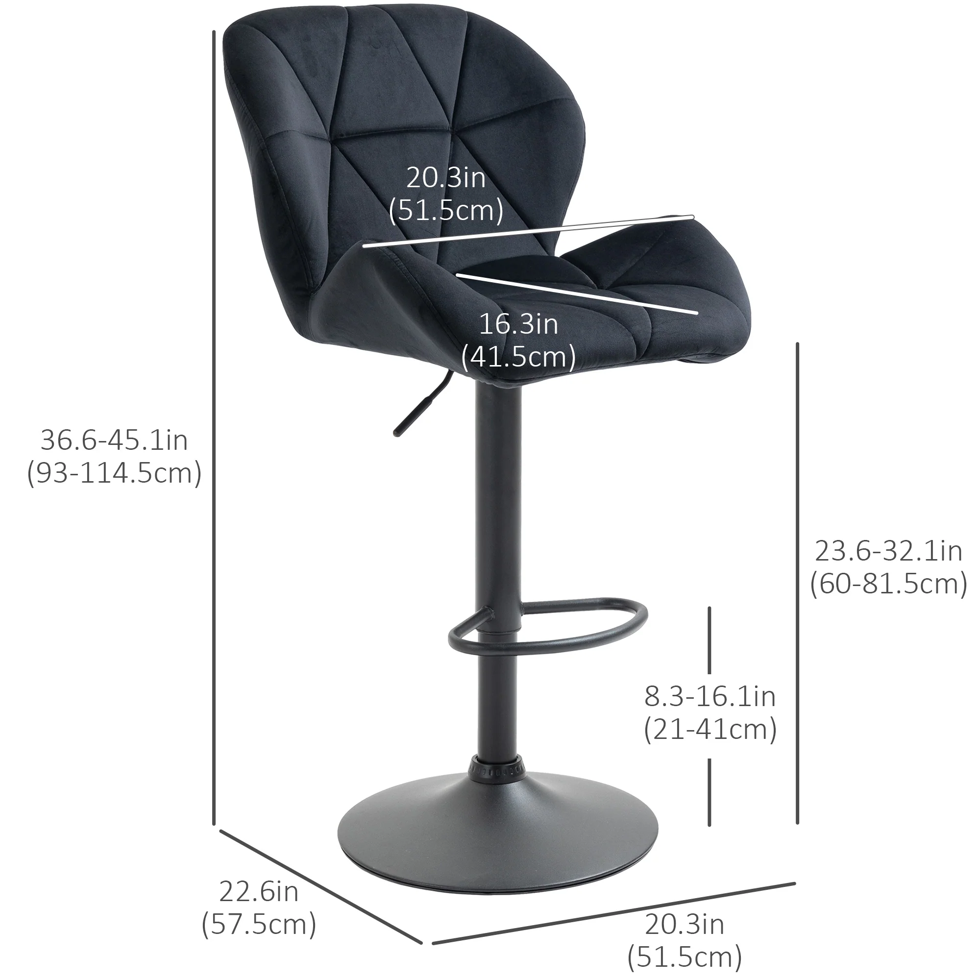 Set of 2 Adjustable Tufted Velvet Bar Stools with Wide Seat, Black - Image 5