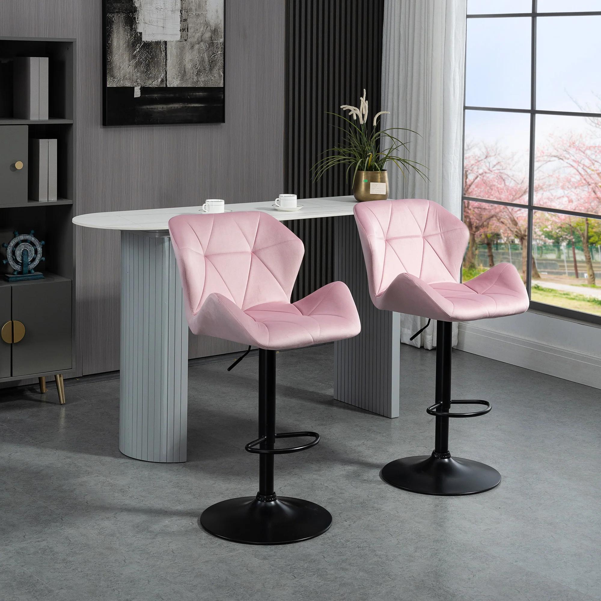 Set of 2 Adjustable PU Bar Stools with Tufted Back, Pink - Image 3