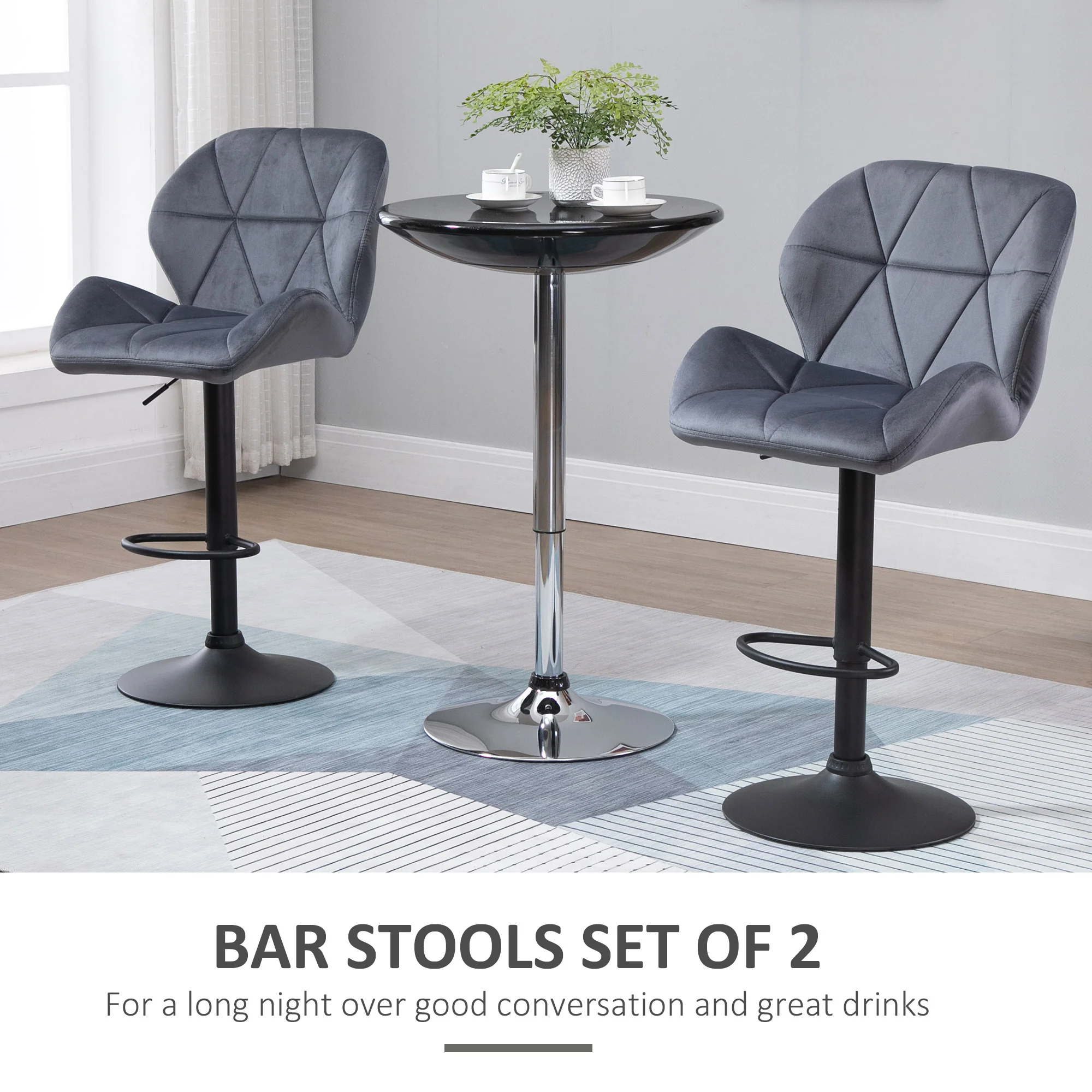 Set of 2 Adjustable Tufted Velvet Bar Stools with Wide Seat, Grey - Image 6