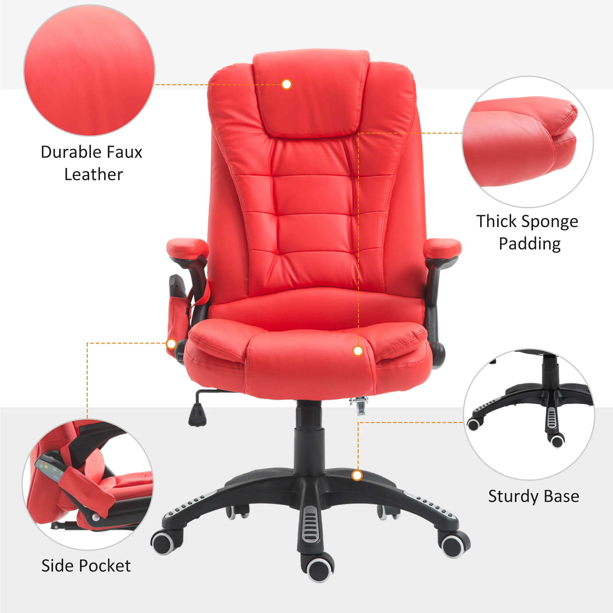Adjustable Heated Ergonomic Massage Office Chair, Swivel Vibrating Executive Chair, Red - Image 10