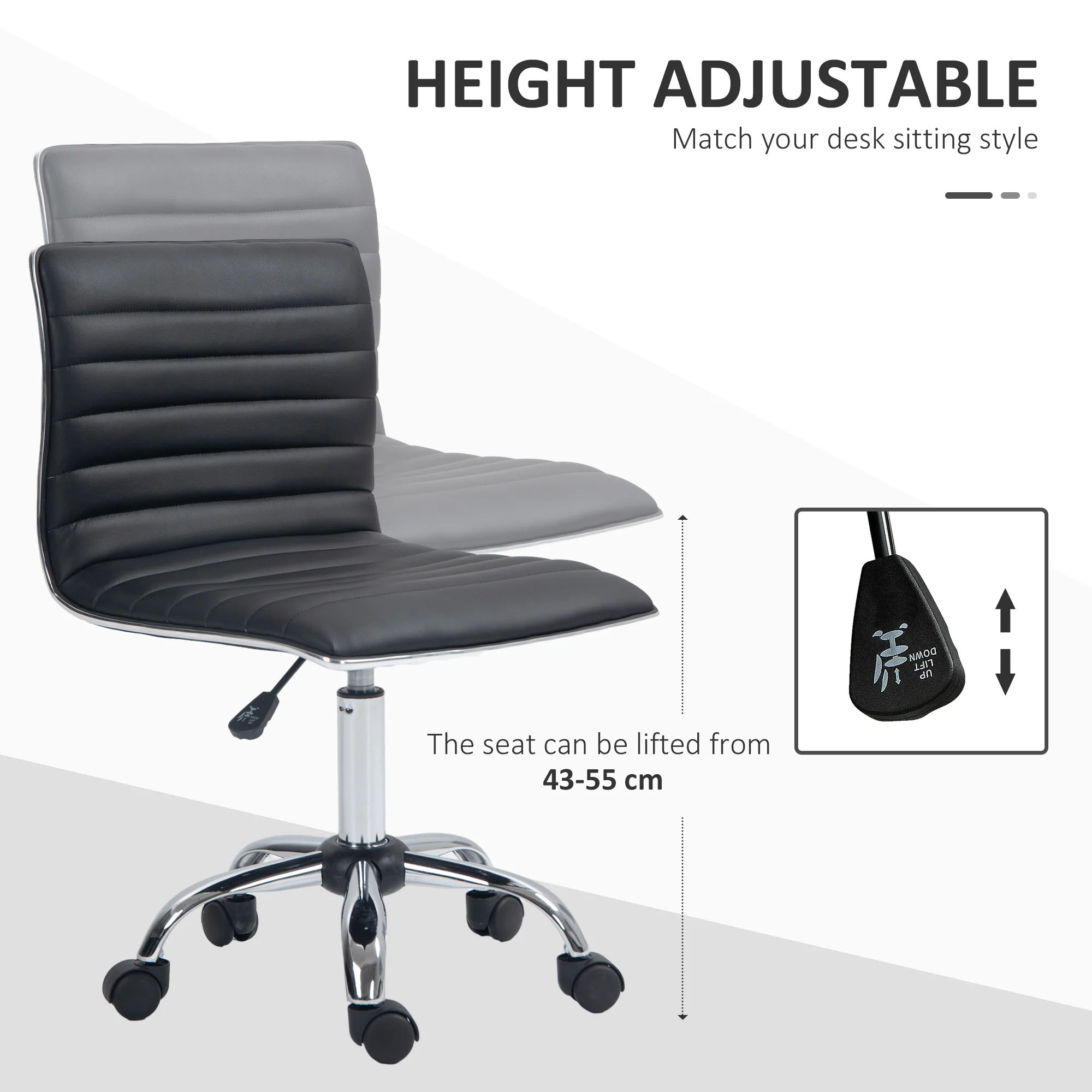 PU Leather Adjustable Swivel Office Chair with Armless Mid-Back & Chrome Base, Black - Image 6