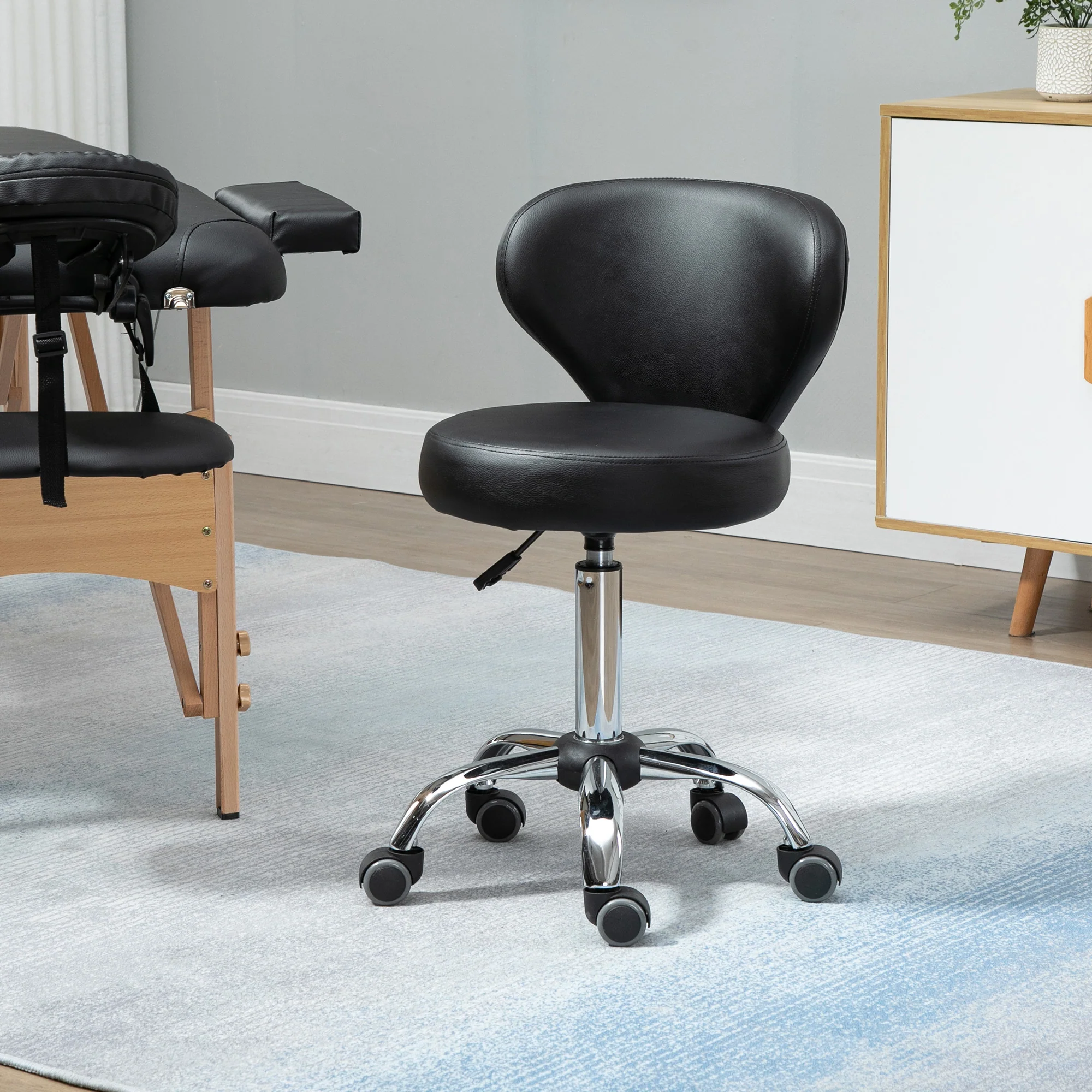 Adjustable Swivel Salon Stool with Backrest and Wheels, Office & Living Room Chair, Synthetic Leather, Black, 17.7" L x 21.3" W x 28.7" - 34.6" H - Image 4