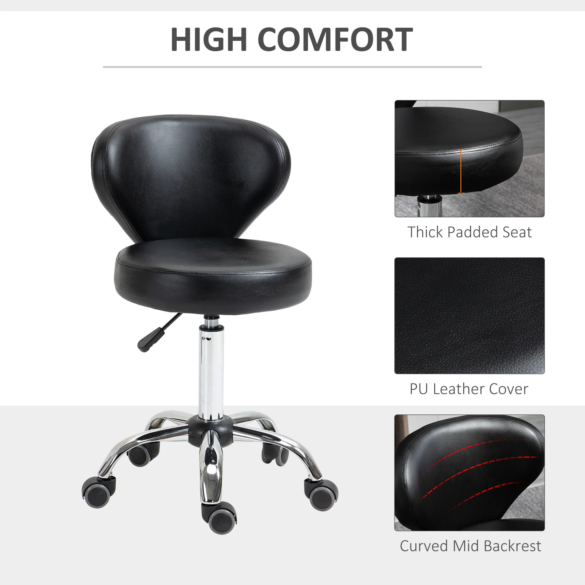 Adjustable Swivel Salon Stool with Backrest and Wheels, Office & Living Room Chair, Synthetic Leather, Black, 17.7" L x 21.3" W x 28.7" - 34.6" H - Image 7