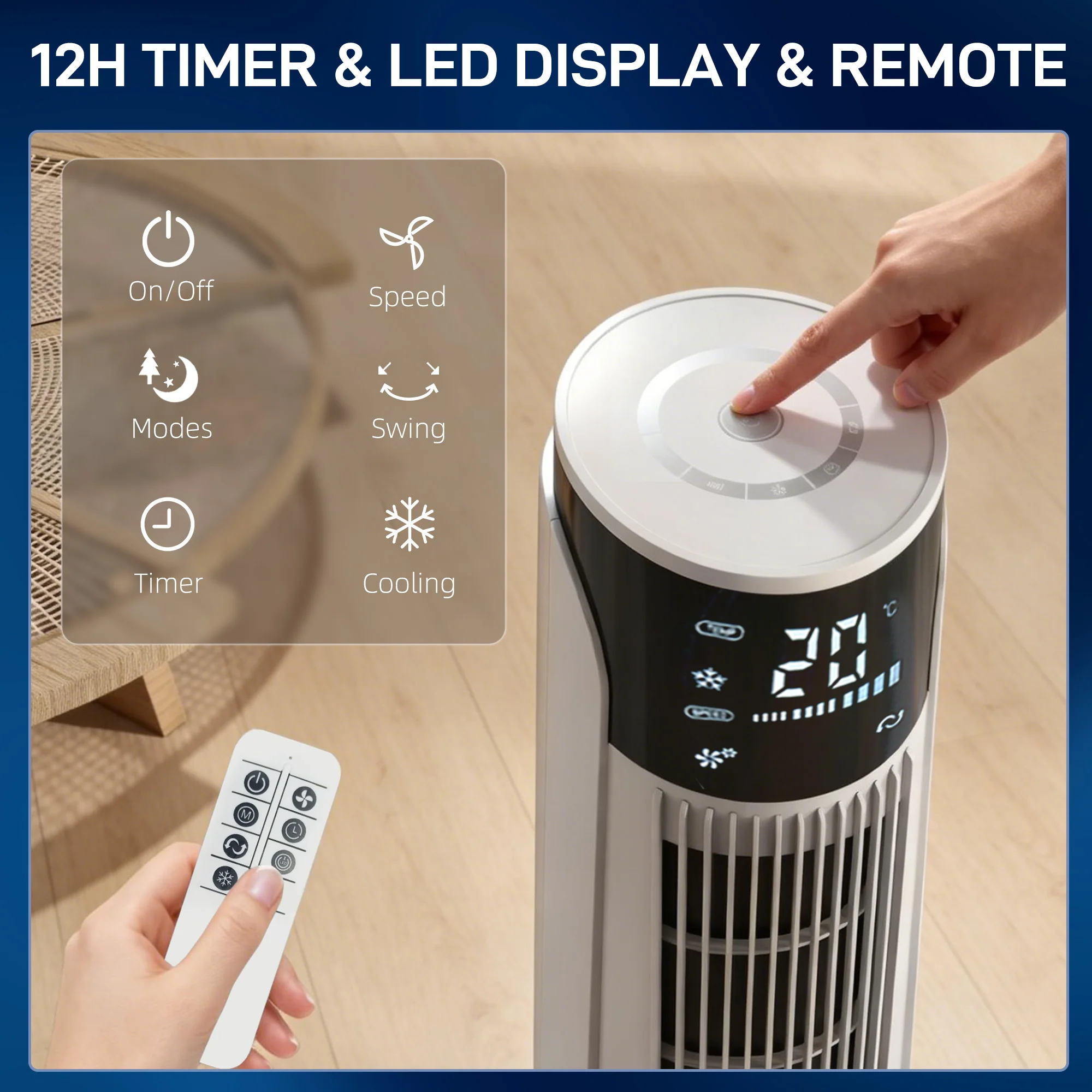 Air Cooler, Oscillating Ice Cooling Fan with 3 Speeds, 4 Modes, 12 Hour Timer, LED Display & Remote Control, White - Image 10