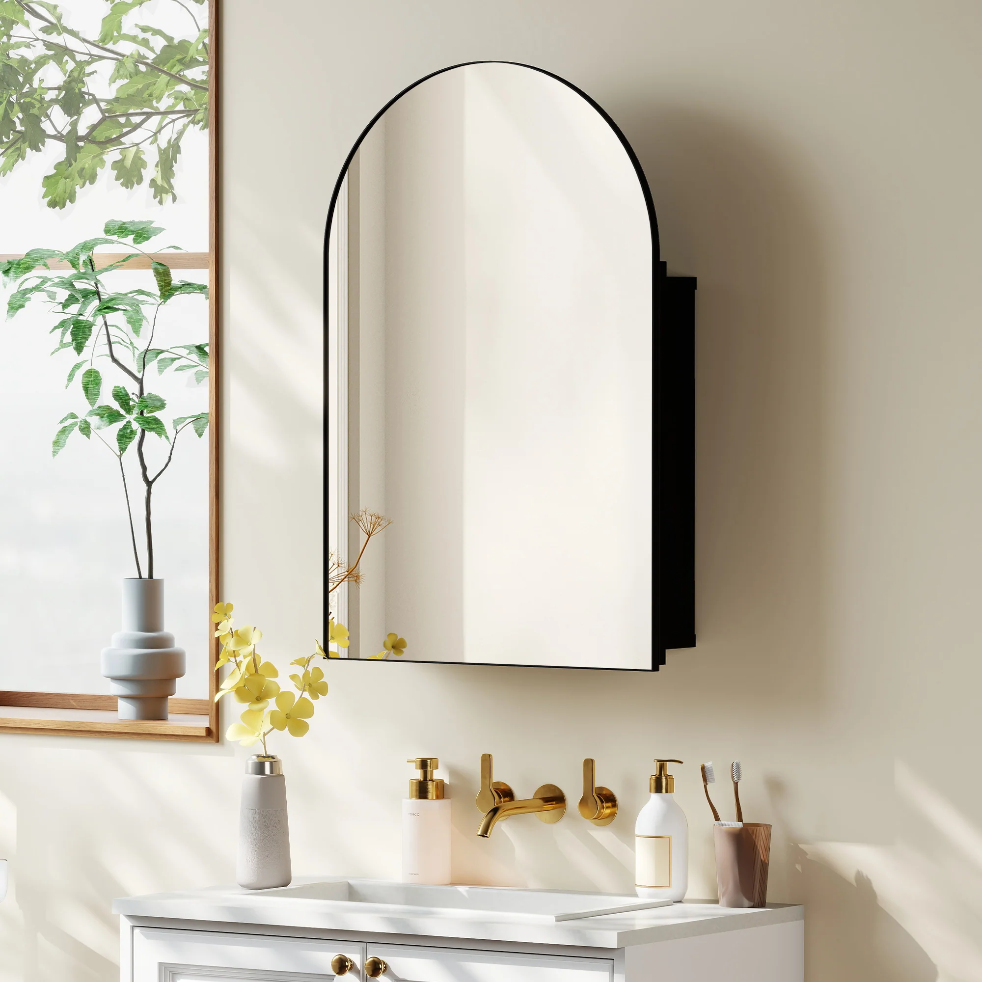 Arched Bathroom Mirror Cabinet, Bathroom Wall Cabinet with Mirror and Storage Shelves, 50 x 76 cm, Black - Image 11