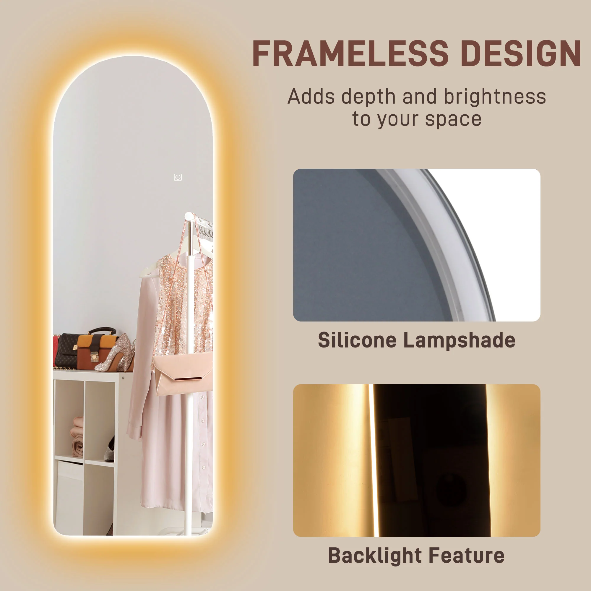 120 x 40cm Arched Full Length Mirror with LED Lights, Backlit Frameless Wall Mirror, Clear - Image 9