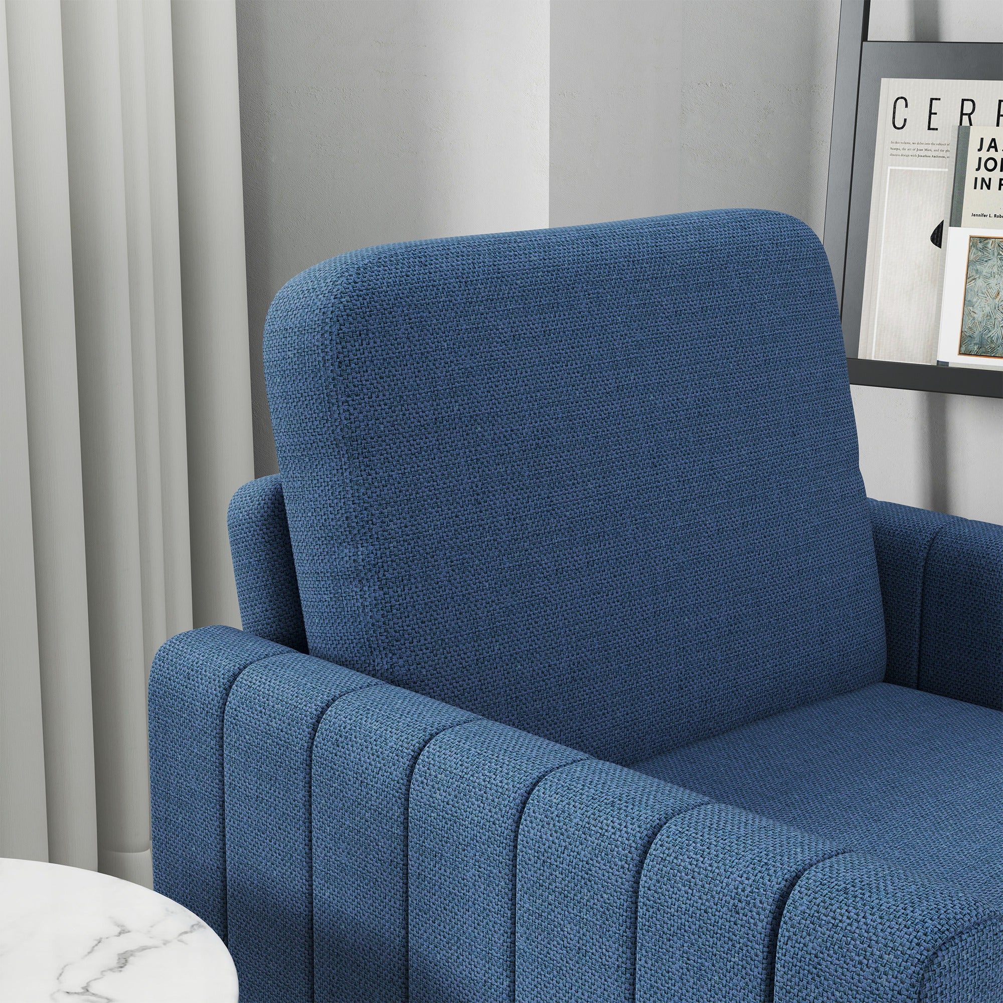Channel Tufted Fabric Accent Chair with Spring Cushion, Back Pillow, Blue - Image 12