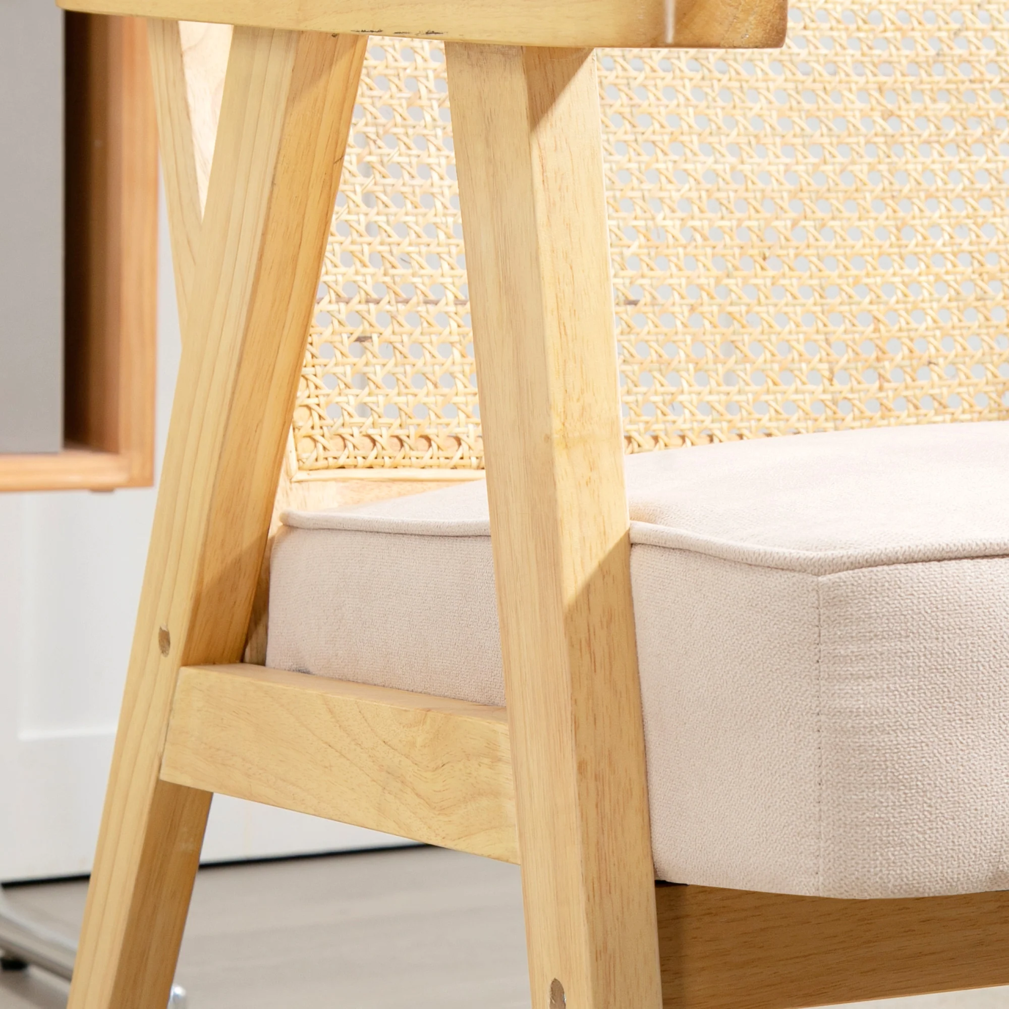 Fabric Armchair with Rattan Back, Rubber Wood Frame & Padded Seat Cushion, Cream White - Image 11