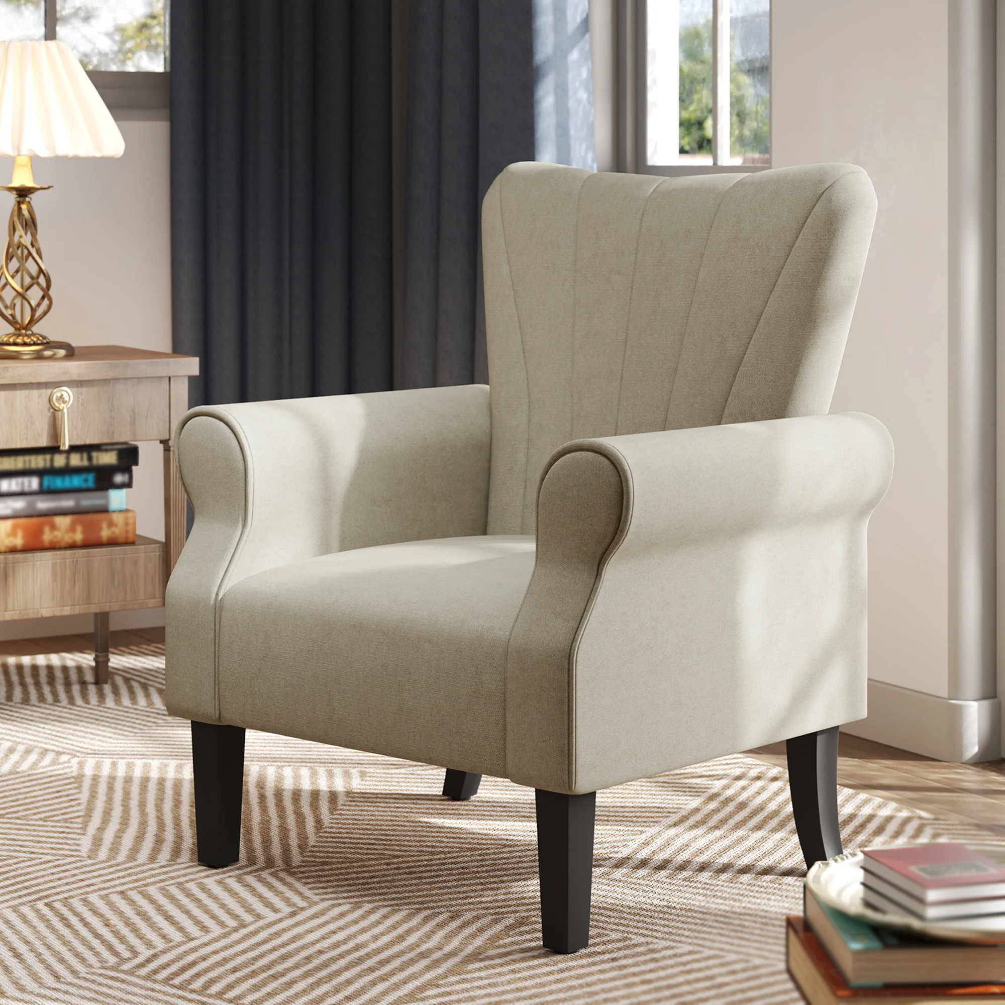Modern Accent Chair with High Back, Rolled Arms and Wood Legs, Soft Thick Padded, Beige - Image 4