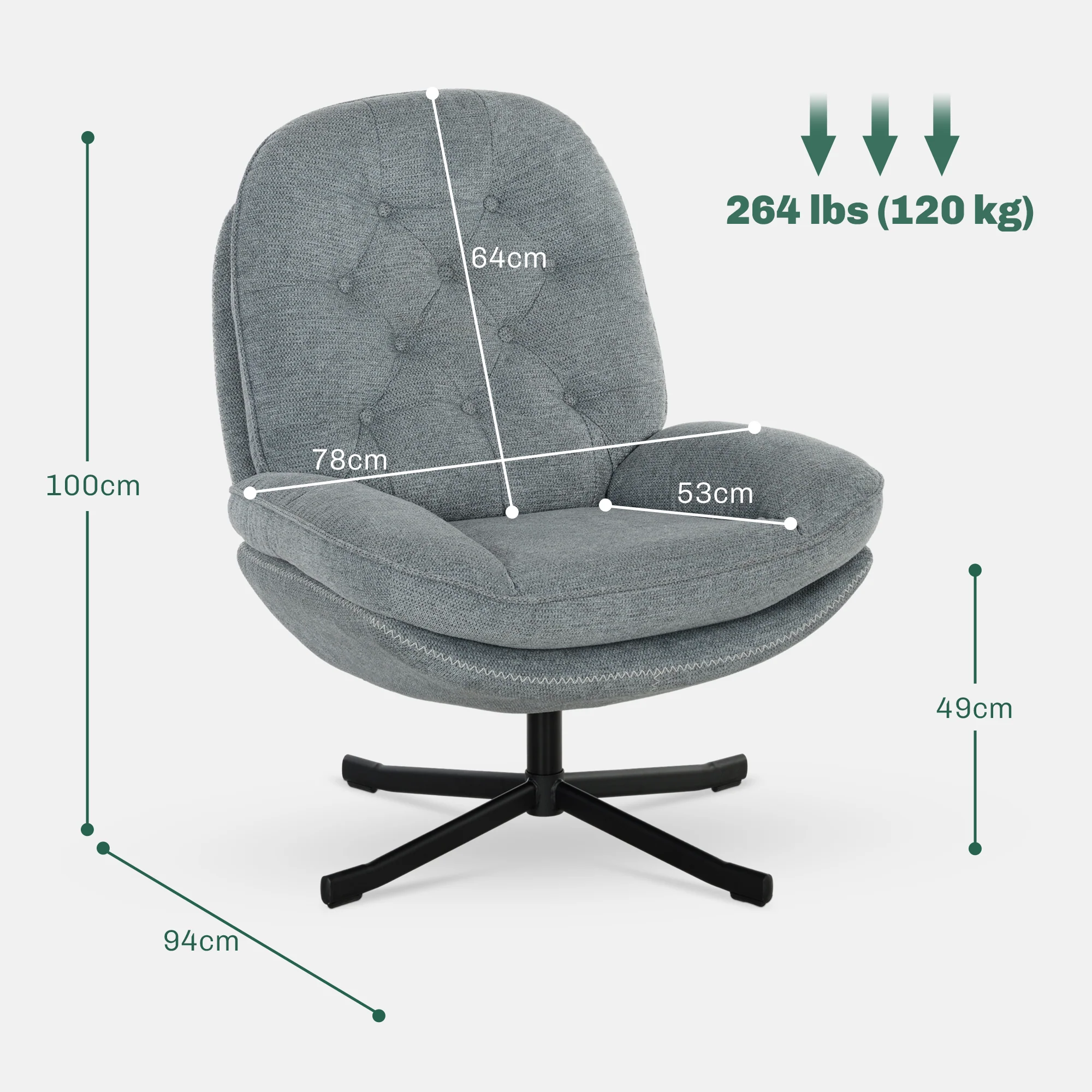 Swivel Occasional Chair with Wide Padded Seat & Water-Repellent Chenille Fabric, Grey - Image 5