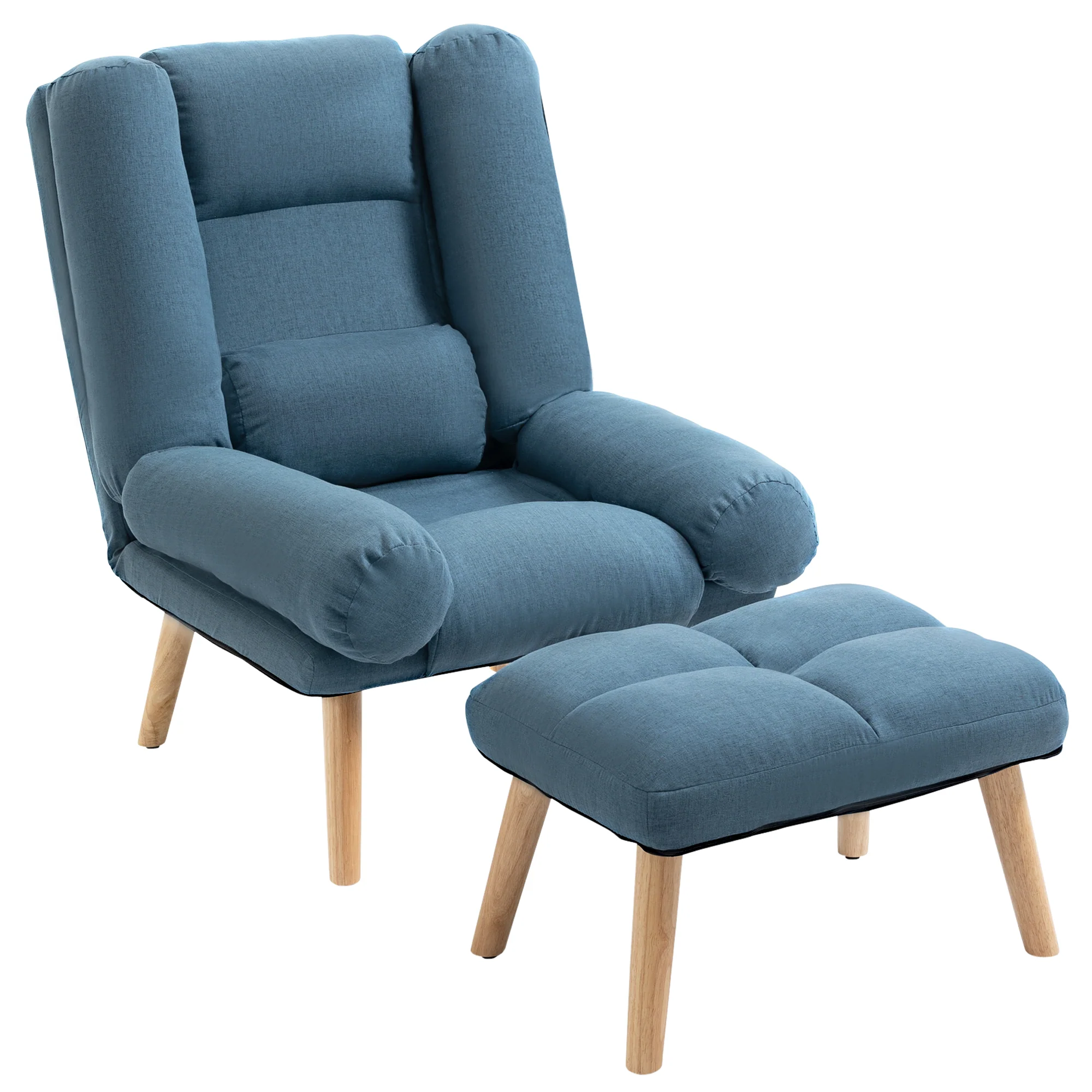 Reclining Armchair with Ottoman, 3-Position Adjustable Backrest and Wooden Legs, Blue