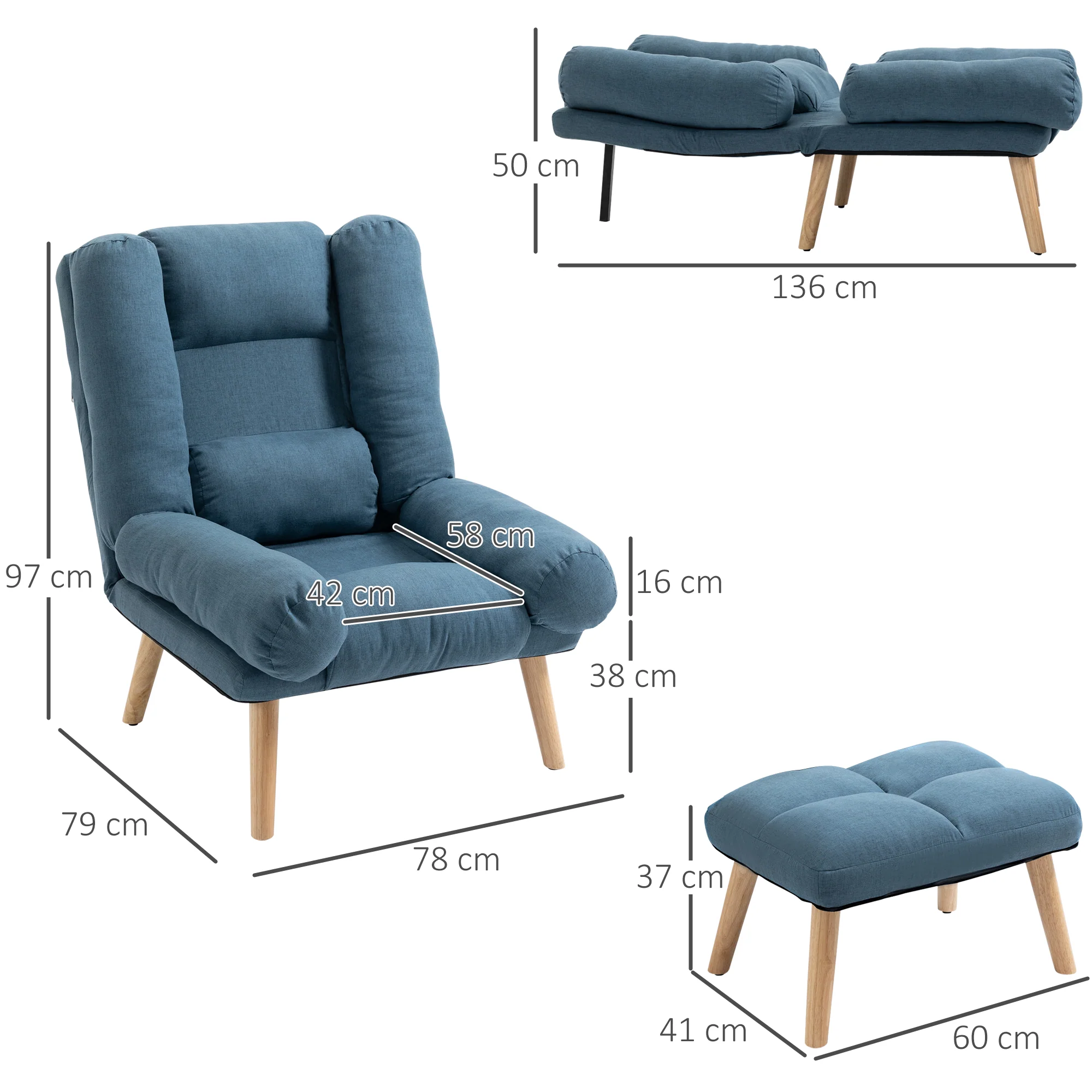 Reclining Armchair with Ottoman, 3-Position Adjustable Backrest and Wooden Legs, Blue - Image 5