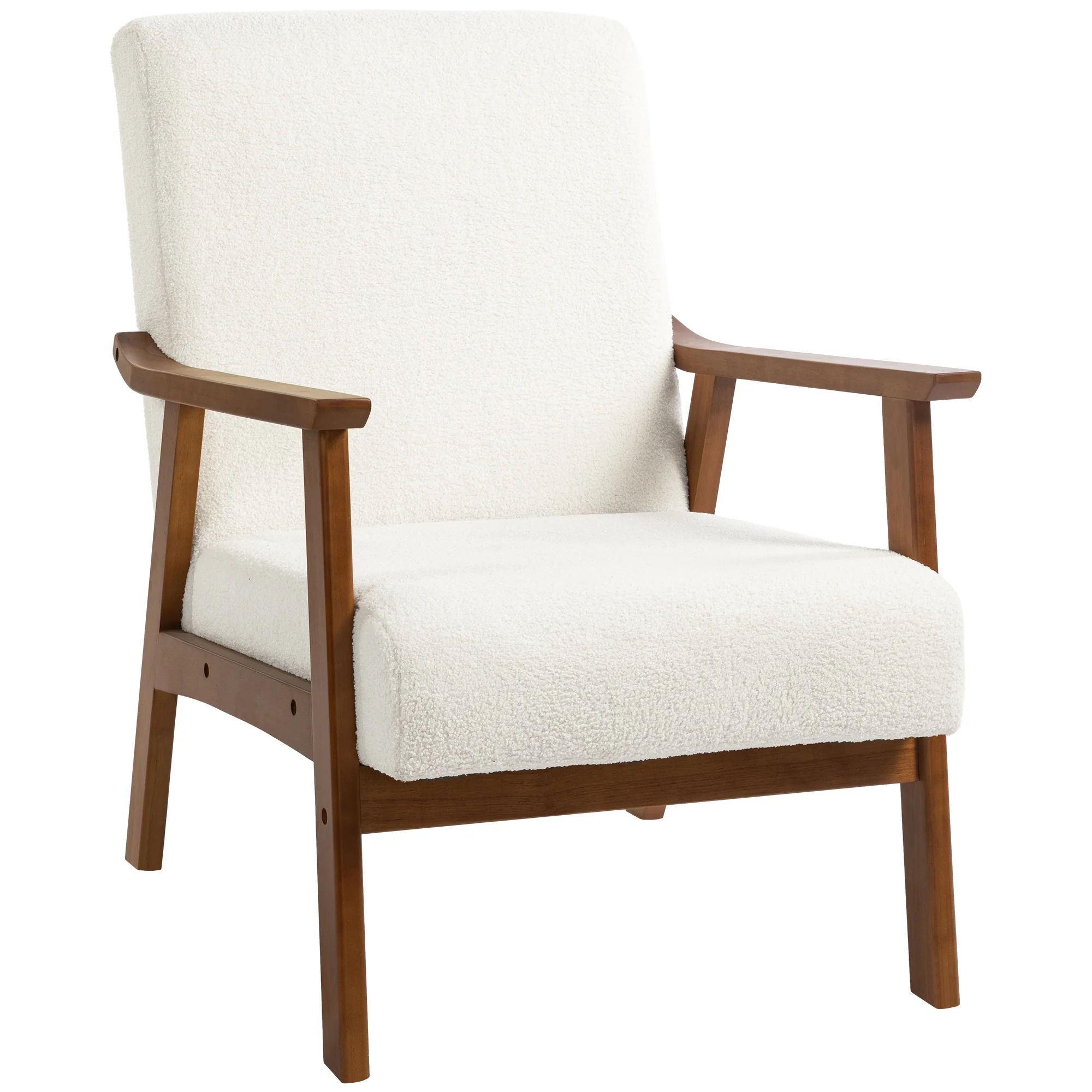 Boucle Accent Chair, Wide Seat Armchair with Thick Padded and Solid Wood Frame, White