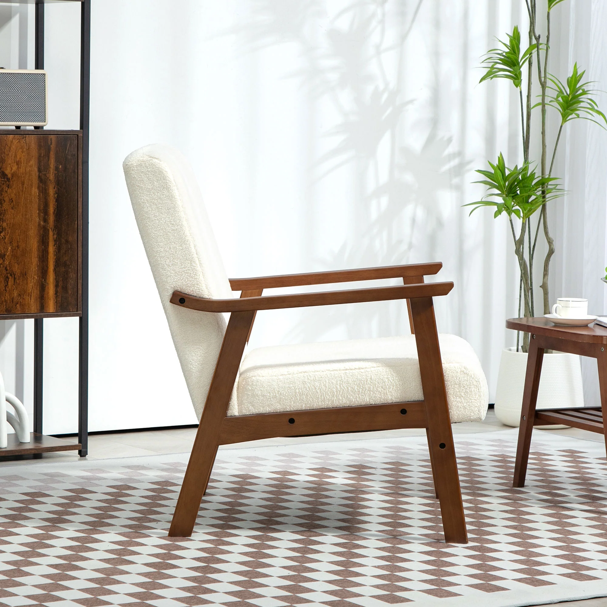 Boucle Accent Chair, Wide Seat Armchair with Thick Padded and Solid Wood Frame, White - Image 10