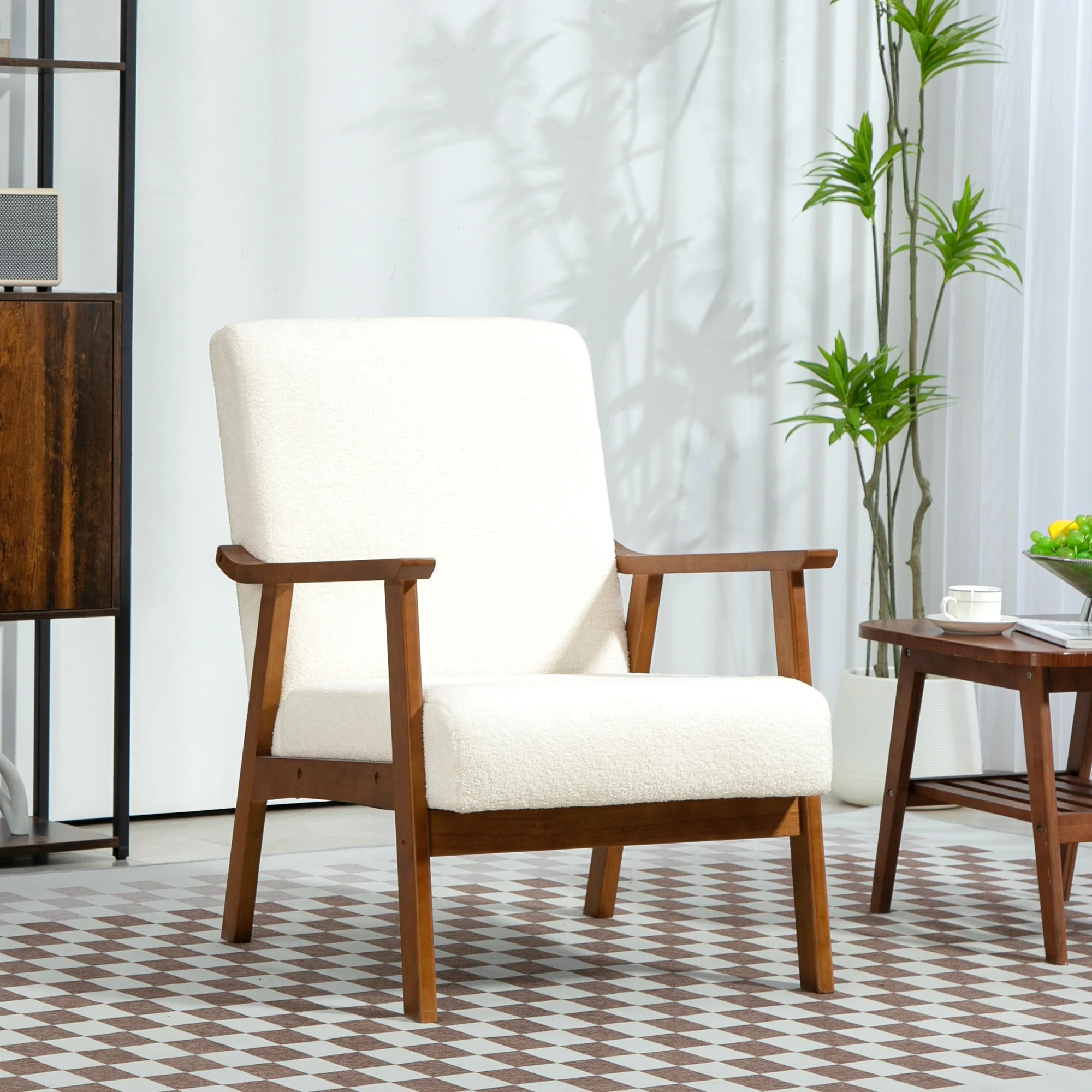 Boucle Accent Chair, Wide Seat Armchair with Thick Padded and Solid Wood Frame, White - Image 4