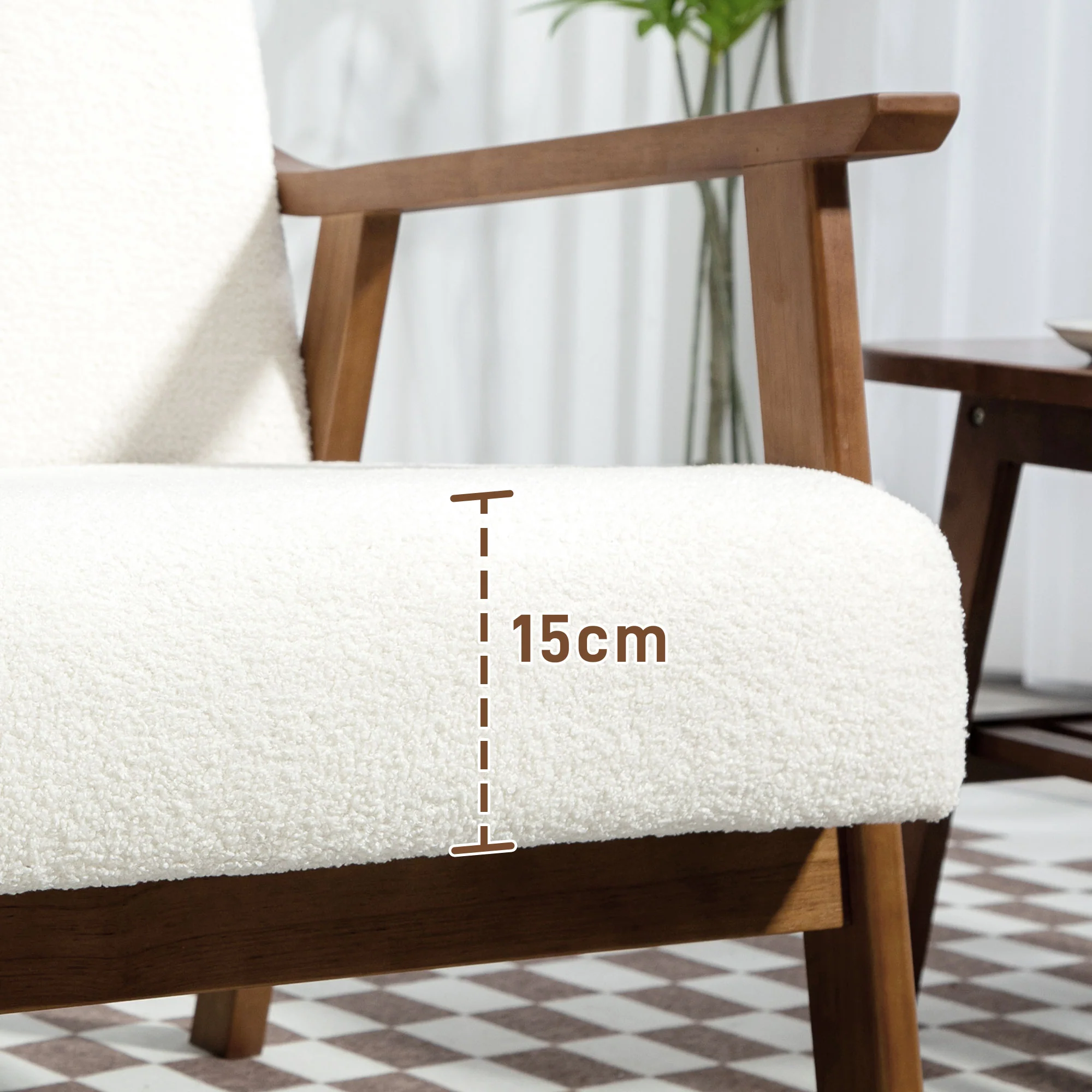 Boucle Accent Chair, Wide Seat Armchair with Thick Padded and Solid Wood Frame, White - Image 9