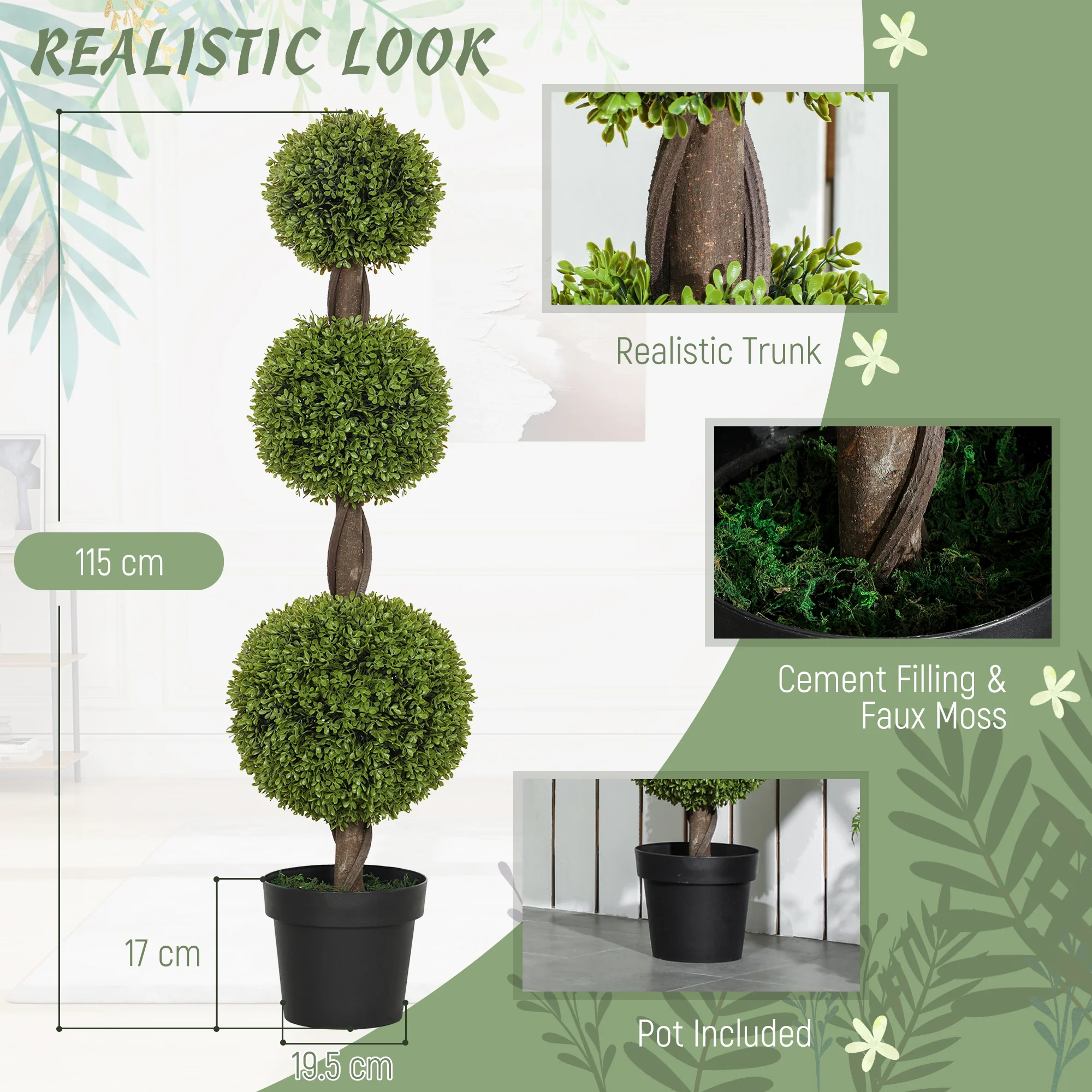 Artificial Boxwood Topiary Tree Set of 2, 45.3" Faux Boxwood Ball Tree in Pot, Fake Plant for Indoor Outdoor Decor, Green - Image 6
