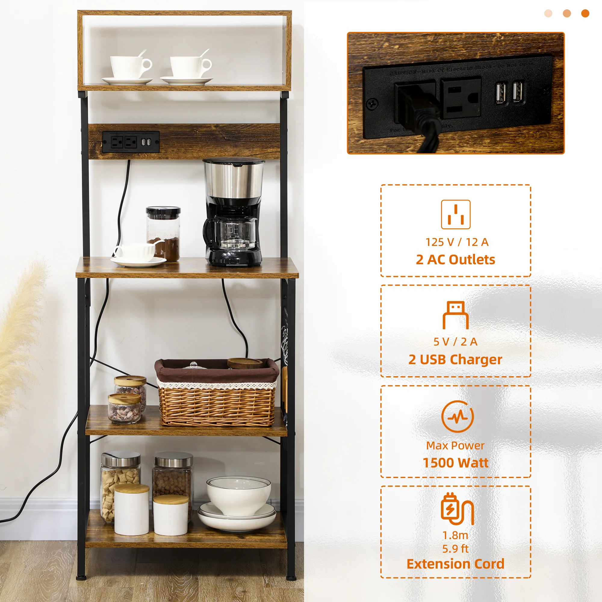 Baker's Rack with Power Outlet, USB Charger, Microwave Stand, Brown - Image 6