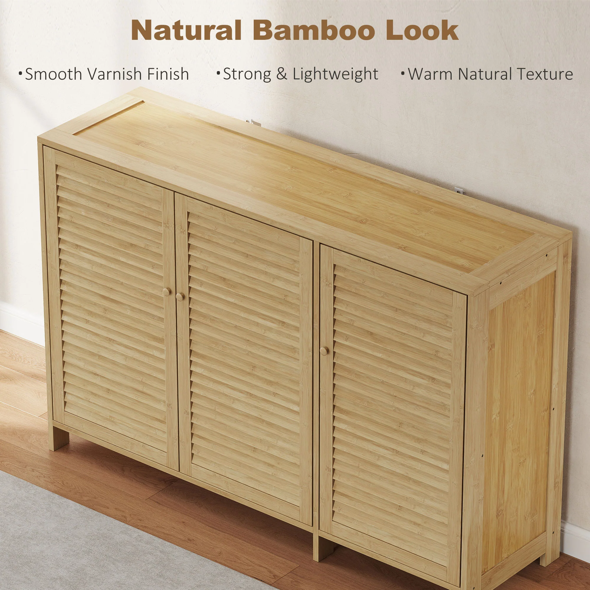 Eco-Bamboo Expandable Shoe Cabinet with Louvered Doors for 18 Pairs, Natural Wood Finish - Image 7