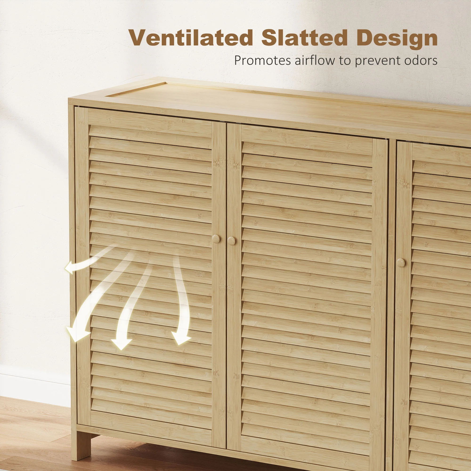 Eco-Bamboo Expandable Shoe Cabinet with Louvered Doors for 18 Pairs, Natural Wood Finish - Image 9