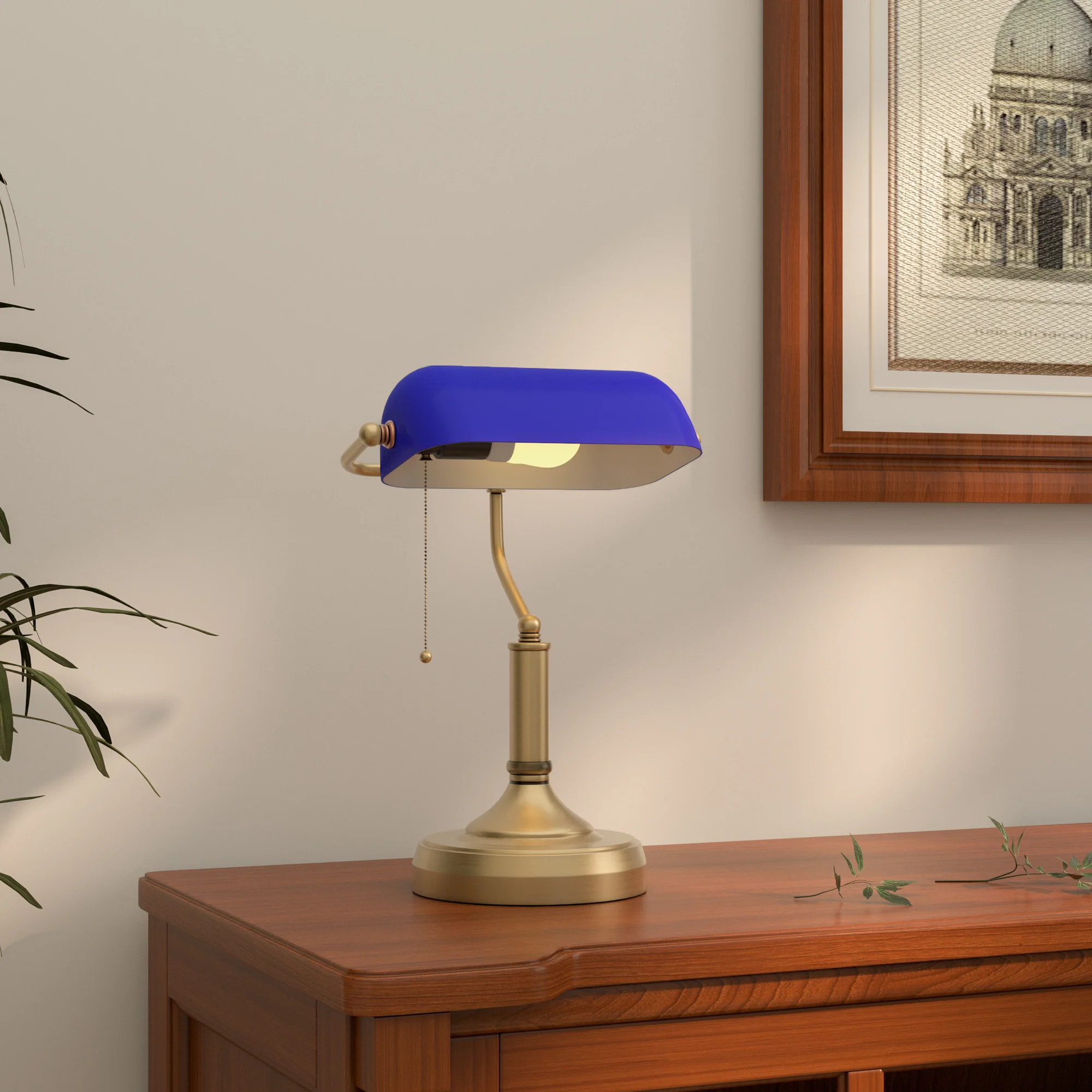 Antique Table Lamp with Bronze Tone Base, Blue Glass Shade and Pull Rope Switch, Blue - Image 3