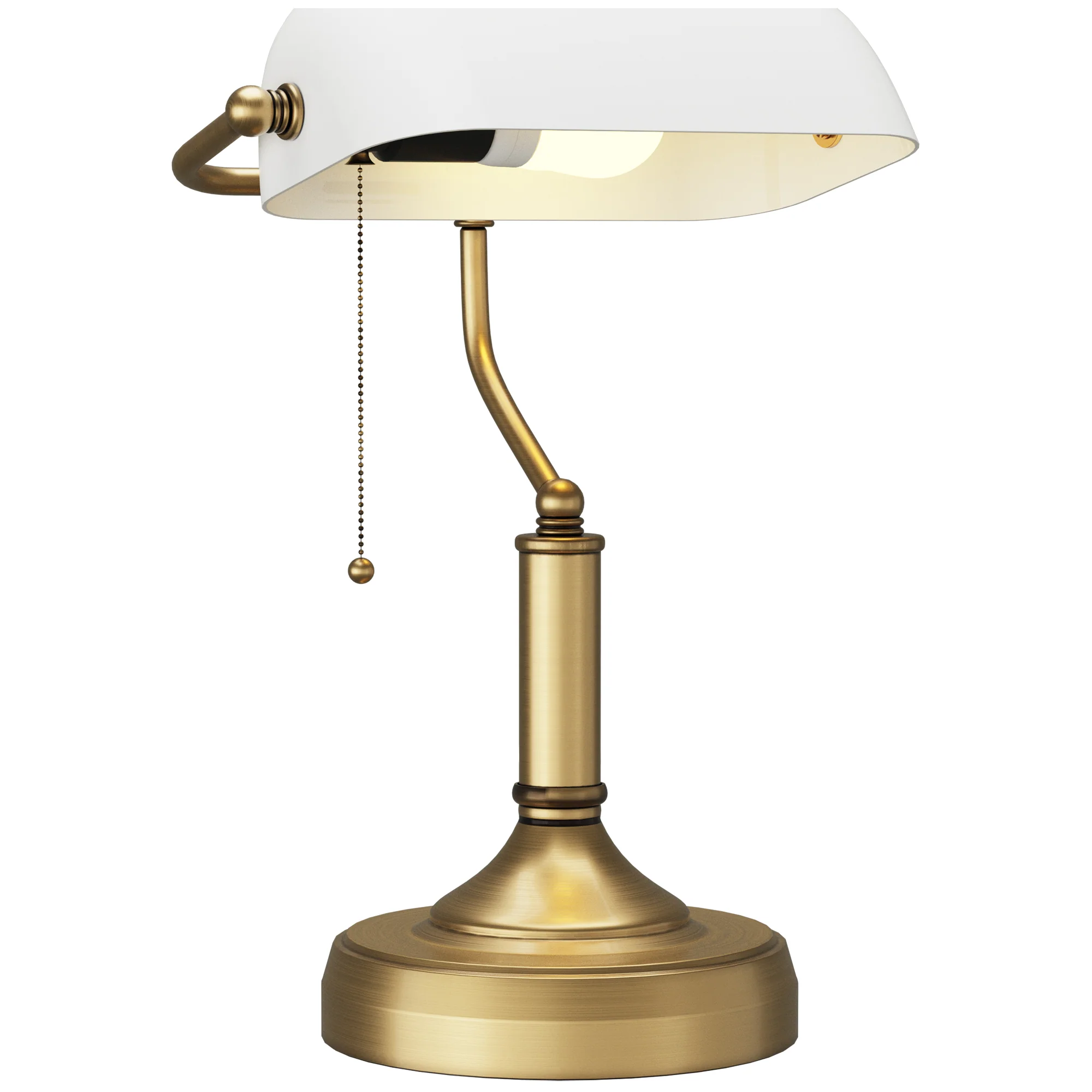 Antique Table Lamp with Bronze Tone Base, White Glass Shade and Pull Rope Switch, White